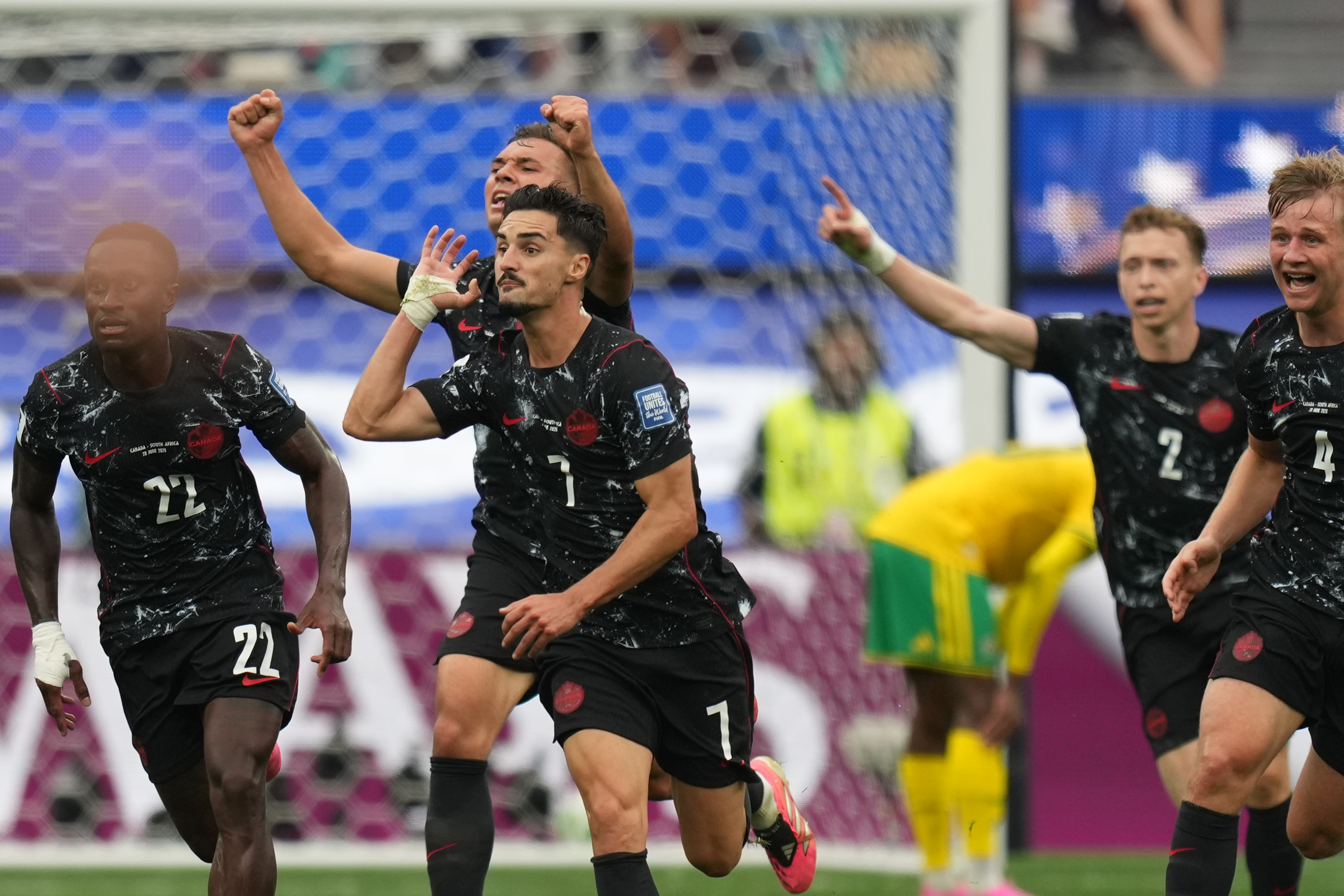 Canada's Stephen Eustaquio (7) celebrates scoring their opening goal against South Africa during the World Cup round of 32 soccer match in Inglewood, Calif., near Los Angeles, Sunday, June 28, 2026. 
