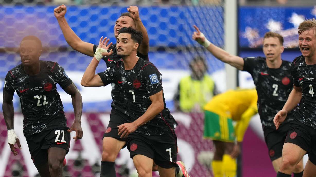Canada's Stephen Eustaquio (7) celebrates scoring their opening goal against South Africa during the World Cup round of 32 soccer match in Inglewood, Calif., near Los Angeles, Sunday, June 28, 2026.