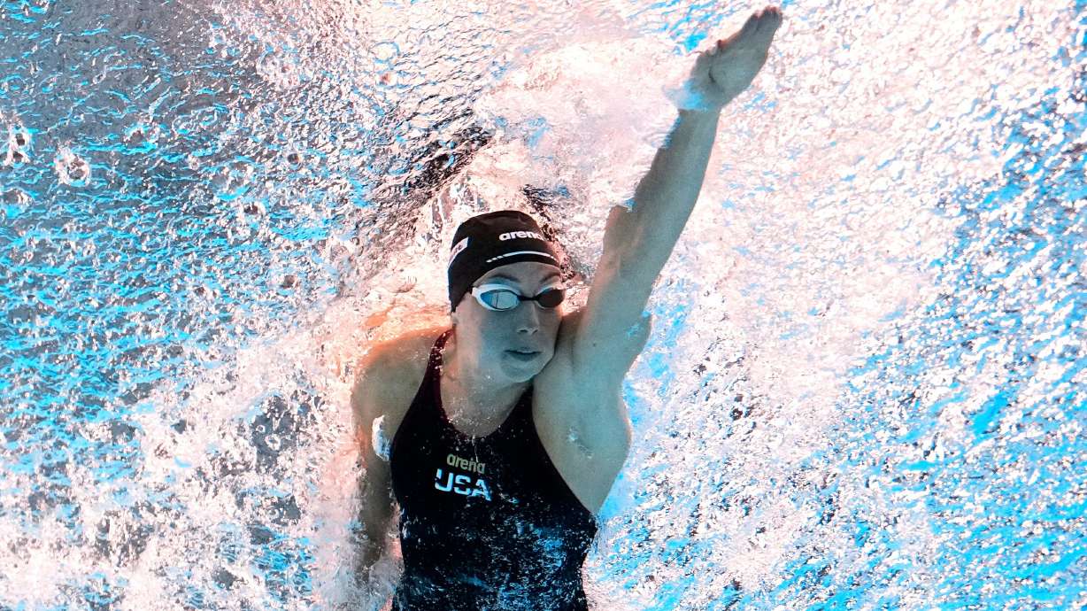 FILE - Gretchen Walsh, of the United States, competes in the women's 50-meter freestyle final at the World Aquatics Championships in Singapore, Aug. 3, 2025.
