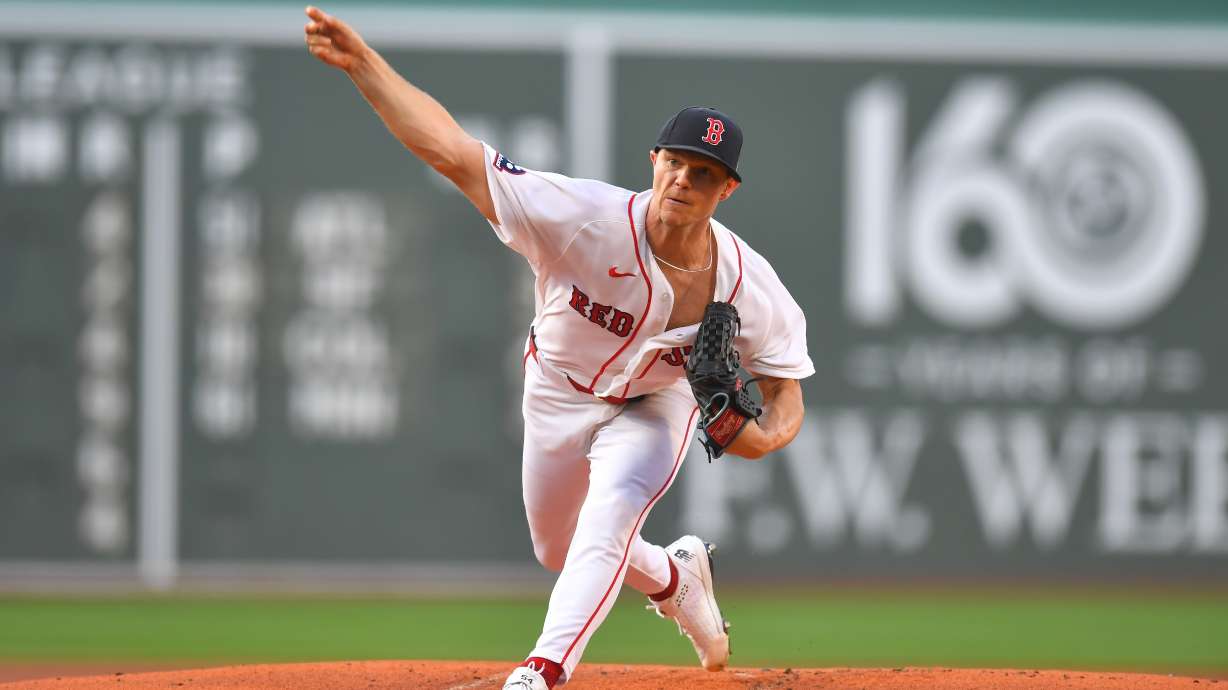 Boston Red Sox's Sonny Gray delivers a pitch to a New York Yankees batter in the first inning of a baseball game, Sunday, June 28, 2026, in Boston.
