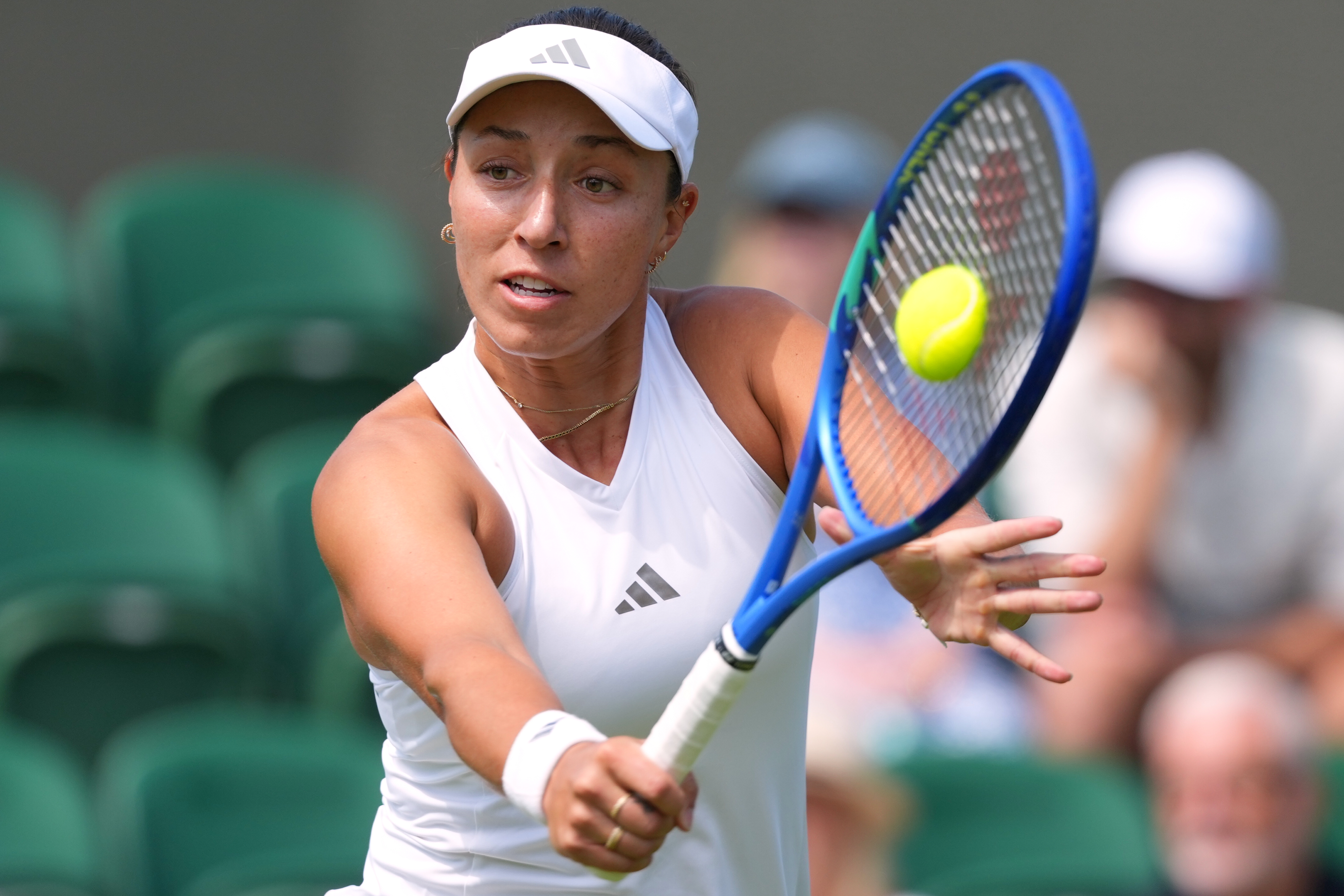 Jessica Pegula of the United States returns to Darja Vidmanova of Czech Republic during the women's singles match at the Wimbledon Tennis Championships in London, Monday, June 29, 2026.