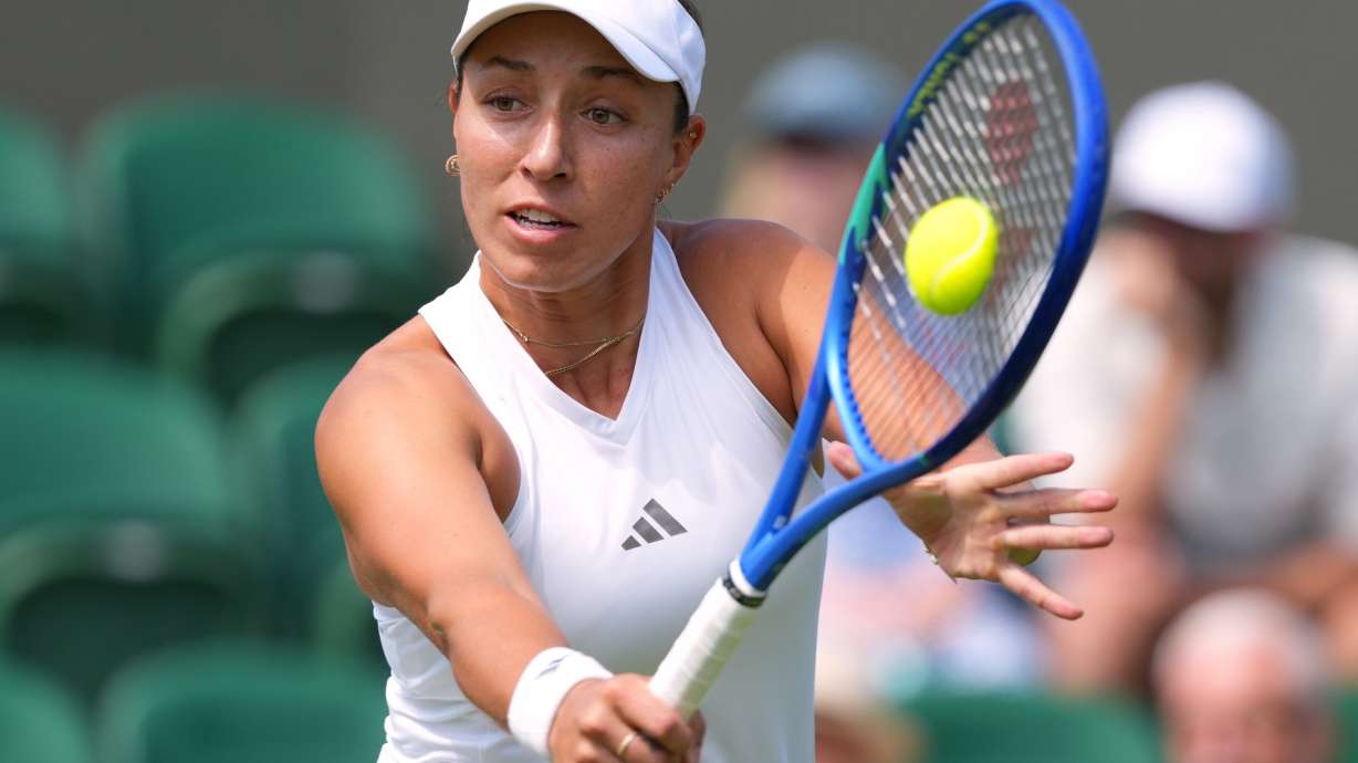 Jessica Pegula of the United States returns to Darja Vidmanova of Czech Republic during the women's singles match at the Wimbledon Tennis Championships in London, Monday, June 29, 2026.