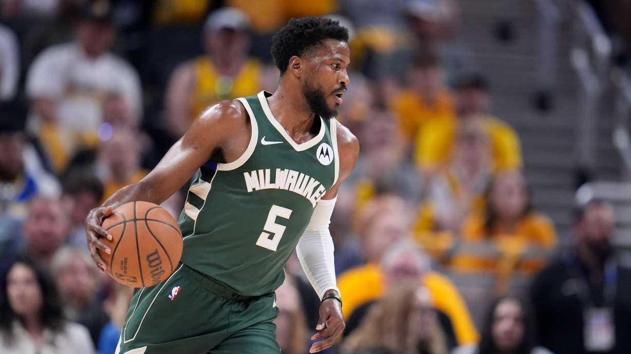 FILE - Milwaukee Bucks' Malik Beasley dribbles during the first half of Game 4 of the first round NBA playoff basketball series against the Indiana Pacers, April 28, 2024, in Indianapolis.