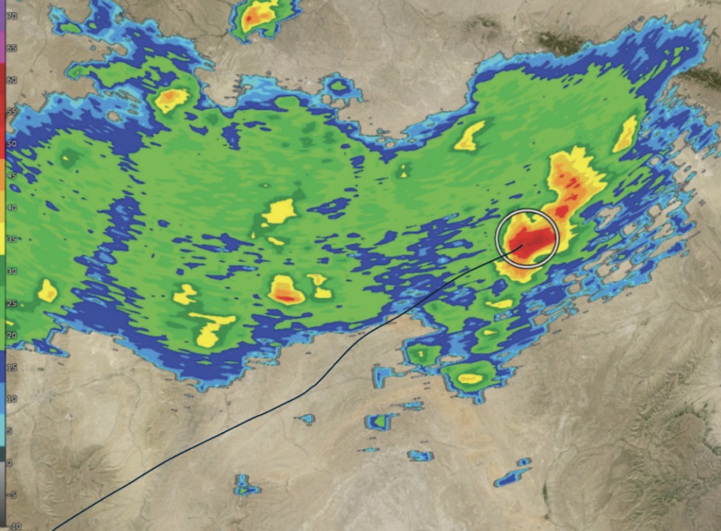 Ground Track of the Delta Air Lines Flight 56 and National Weather Service radar imagery at time of turbulence incident in July 2025.