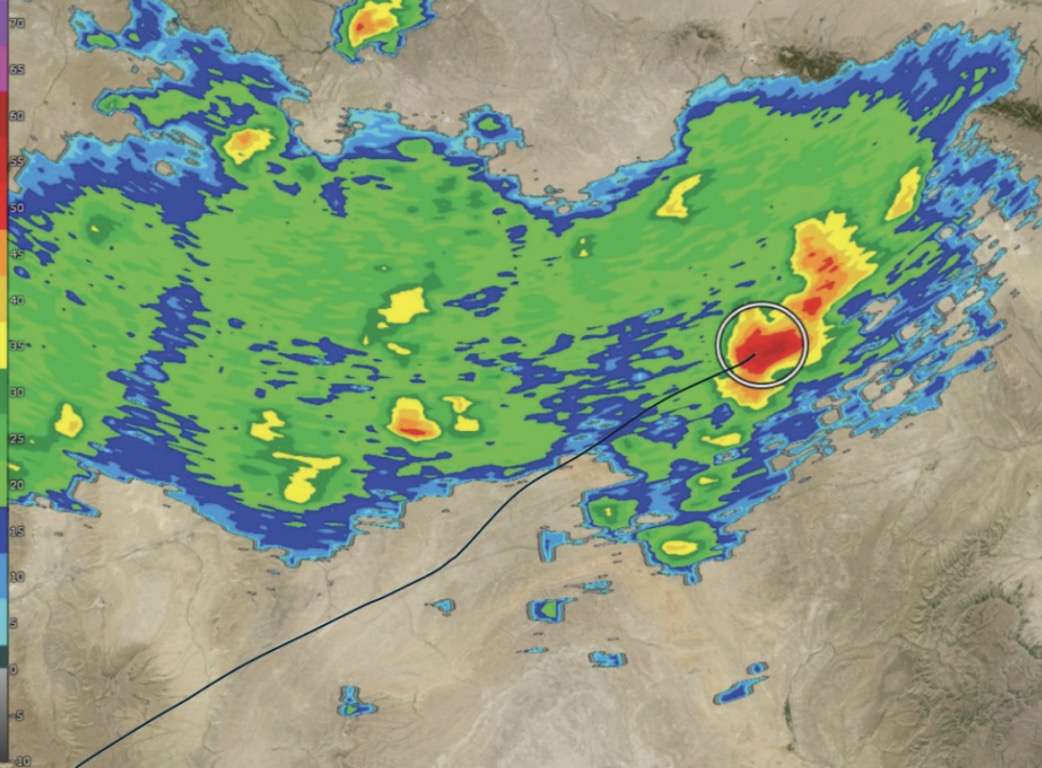 Ground Track of the Delta Air Lines Flight 56 and National Weather Service radar imagery at time of turbulence incident in July 2025.