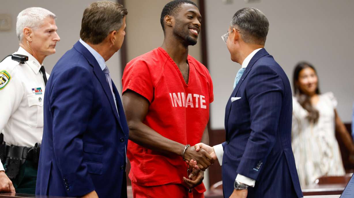 Terrion Arnold, a Detroit Lions cornerback, shakes hands with his attorneys R. Timothy Jansen, left, and A.J. Alvarez, during the conclusion of his pretrial detention hearing at the Hillsborough County Courthouse on Monday, June 29, 2026, in Tampa, Fla.