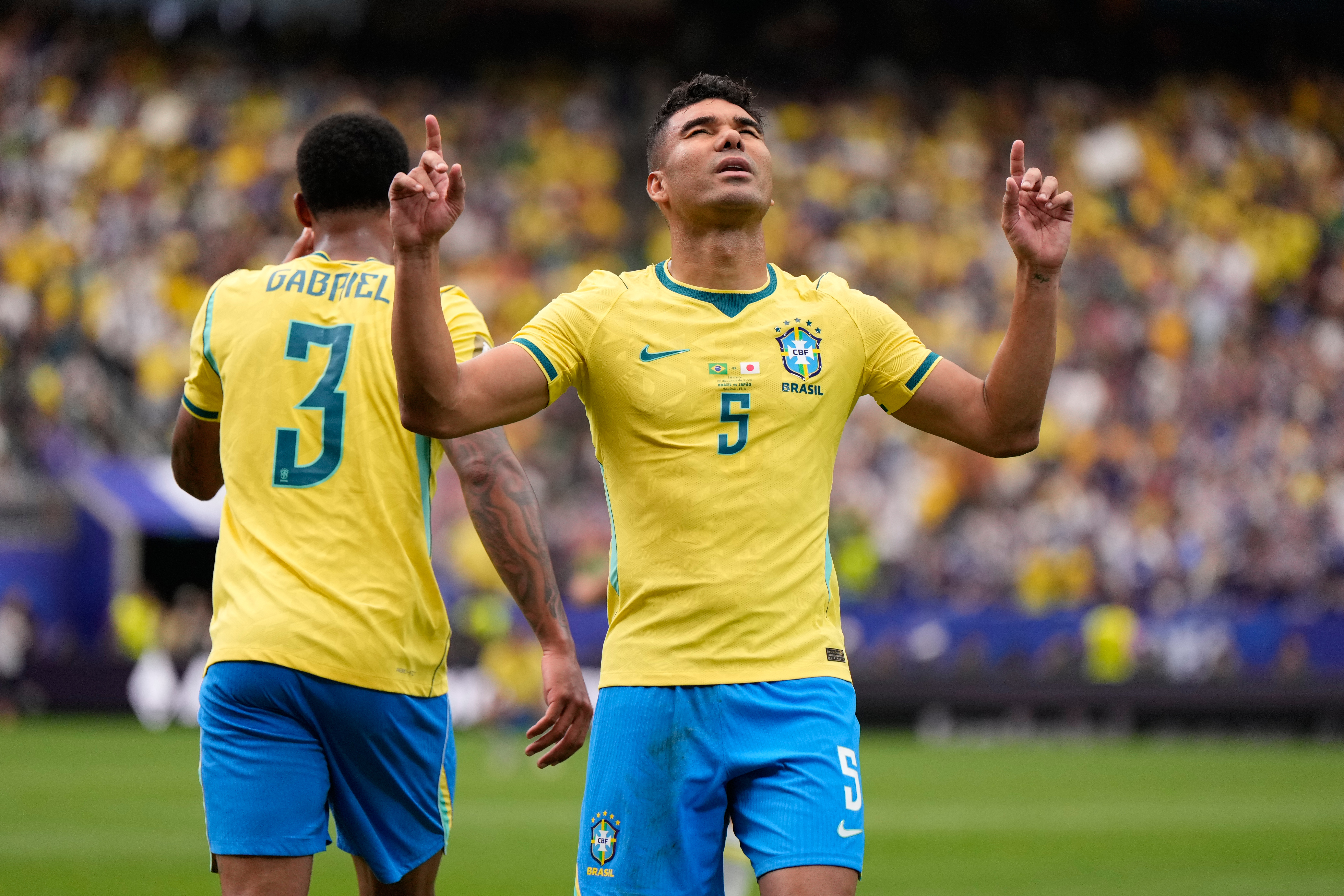 Brazil's Casemiro (5) celebrates after scoring his side's first goal during the World Cup round of 32 soccer match between Brazil and Japan in Houston, Monday, June 29, 2026. 