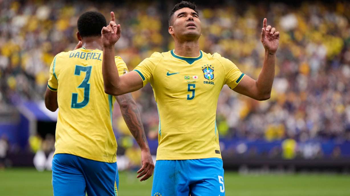 Brazil's Casemiro (5) celebrates after scoring his side's first goal during the World Cup round of 32 soccer match between Brazil and Japan in Houston, Monday, June 29, 2026.