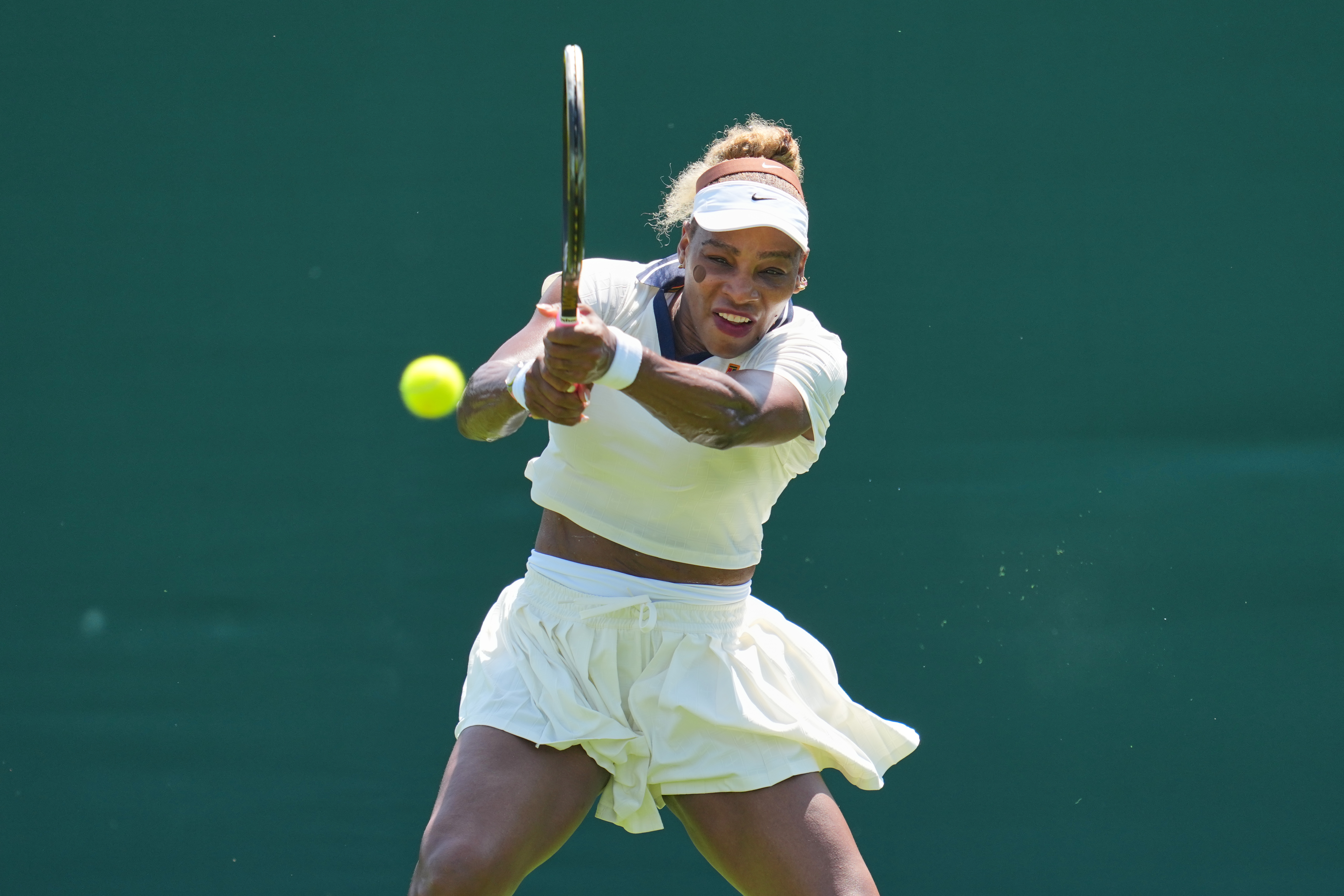Serena Williams of the United States plays a return during a practice session ahead of the Wimbledon Tennis Championships, in London, Wednesday, June 24, 2026. 