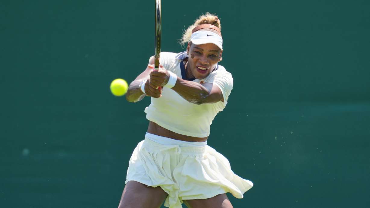 Serena Williams of the United States plays a return during a practice session ahead of the Wimbledon Tennis Championships, in London, Wednesday, June 24, 2026.