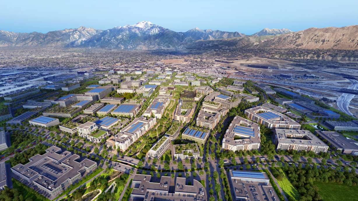 A rendering shows an aerial view of what The Point development could look like. Developers on Monday broke ground on the first phase of redevelopment for The Point at the former state prison site in Draper.
