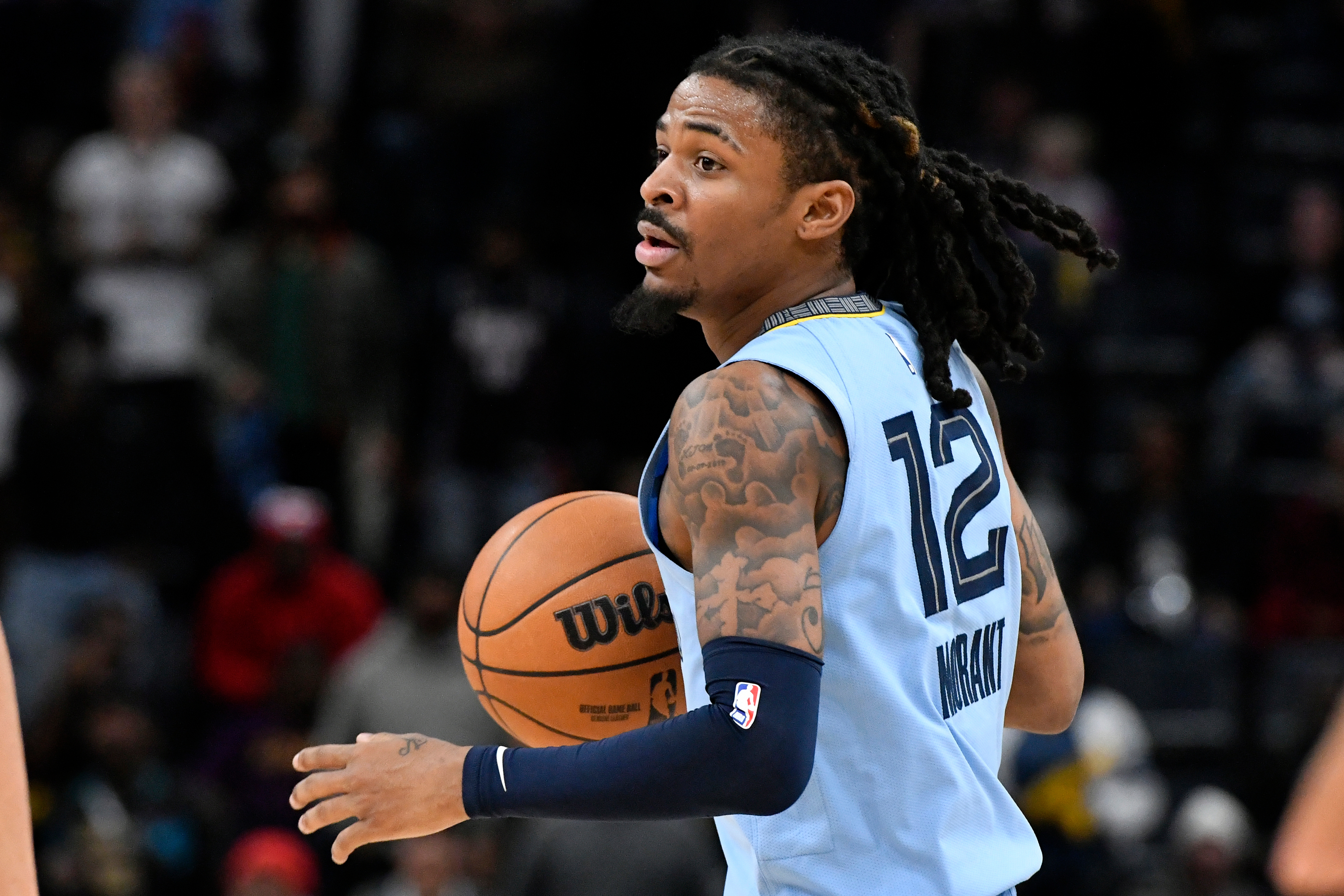 FILE - Memphis Grizzlies guard Ja Morant (12) plays in the second half of an NBA basketball game against the Atlanta Hawks Jan. 21, 2026, in Memphis, Tenn. 