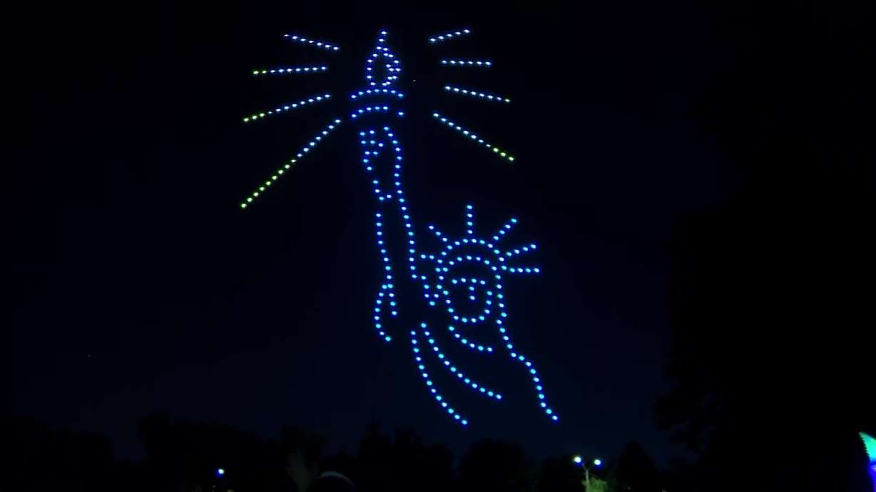 Drones make up the Statue of Liberty at a drone show for the Fourth of July.