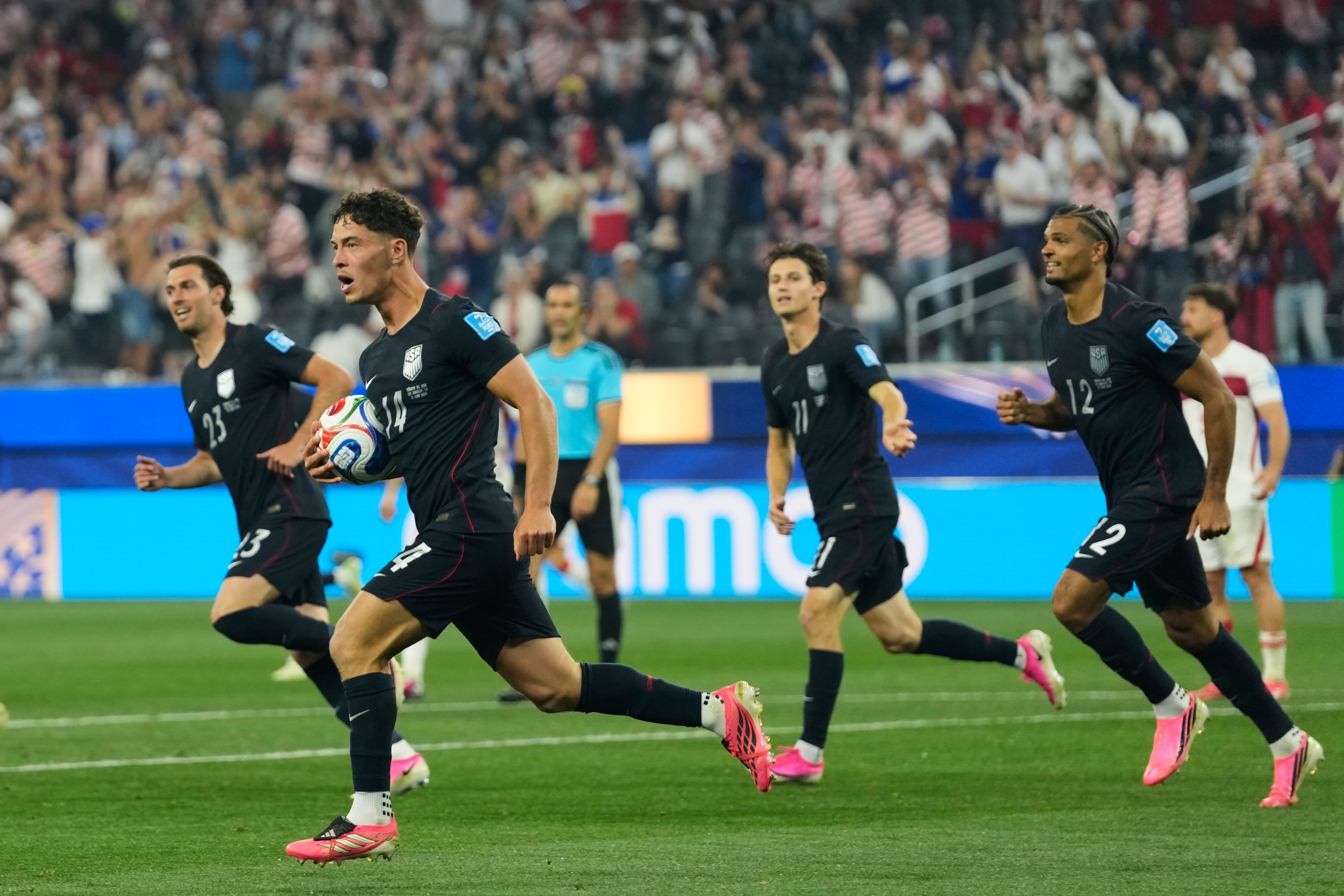United States' Sebastian Berhalter (14) celebrates scoring his side's second goal against Turkey during the World Cup Group D soccer match in Inglewood, Calif., near Los Angeles, Thursday, June 25, 2026. 