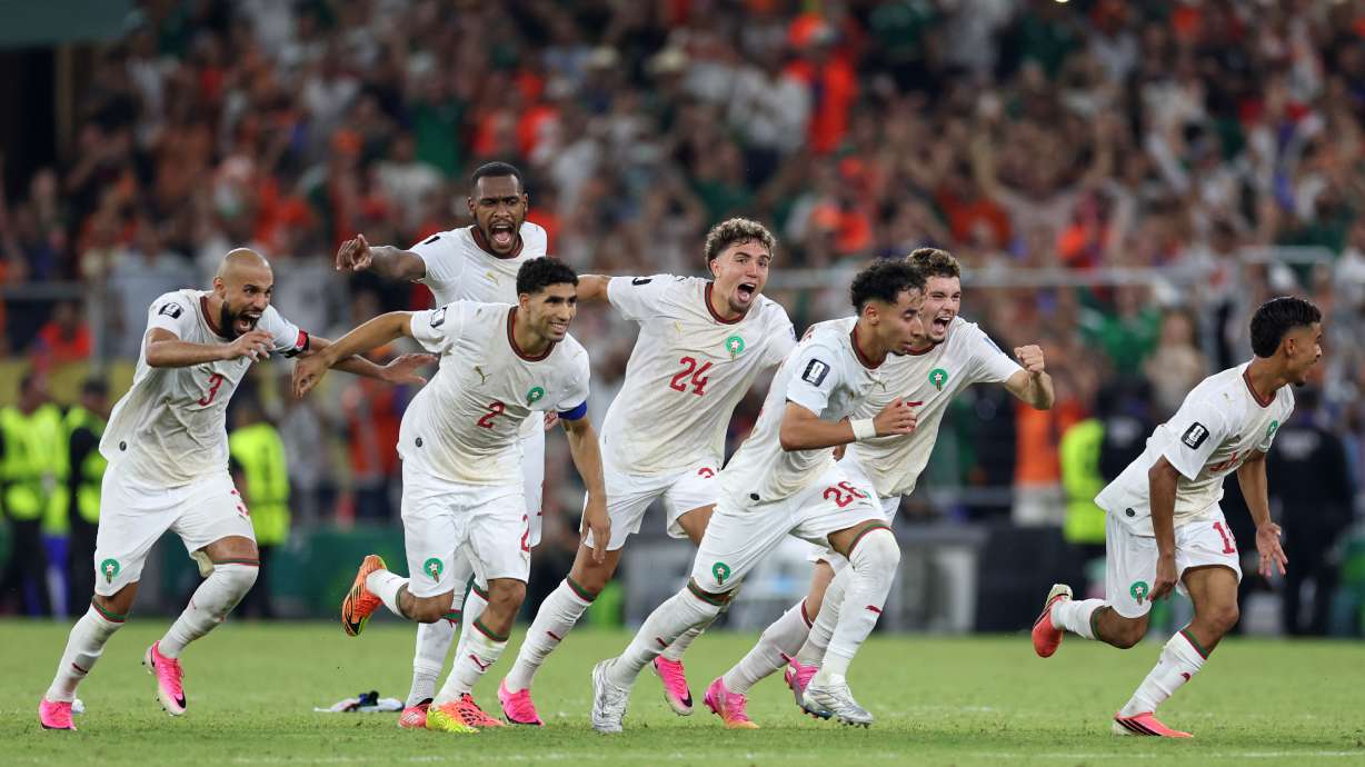The Moroccan team starts to celebrate after winning on penalty kicks the World Cup round of 32 soccer match between the Netherlands and Morocco in Guadalupe, near Monterrey, Mexico, Monday, June 29, 2026.