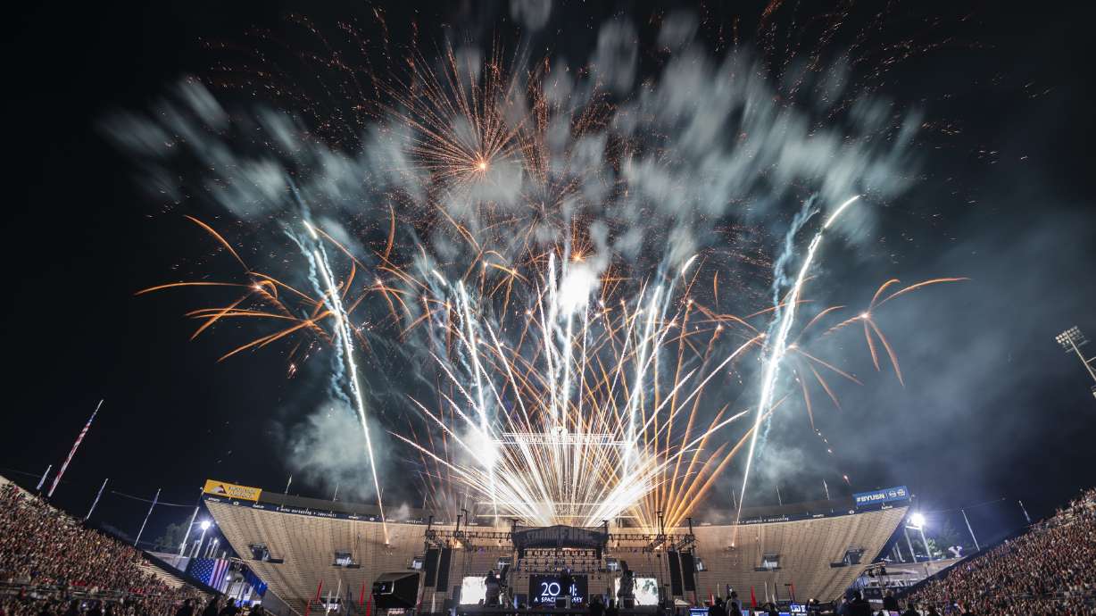 Fireworks burst during the Stadium of Fire held at LaVell Edwards Stadium on the campus of Brigham Young University in Provo on July 4, 2024. Brad Paisley headlines this year's 2026 event, coinciding with America 250.