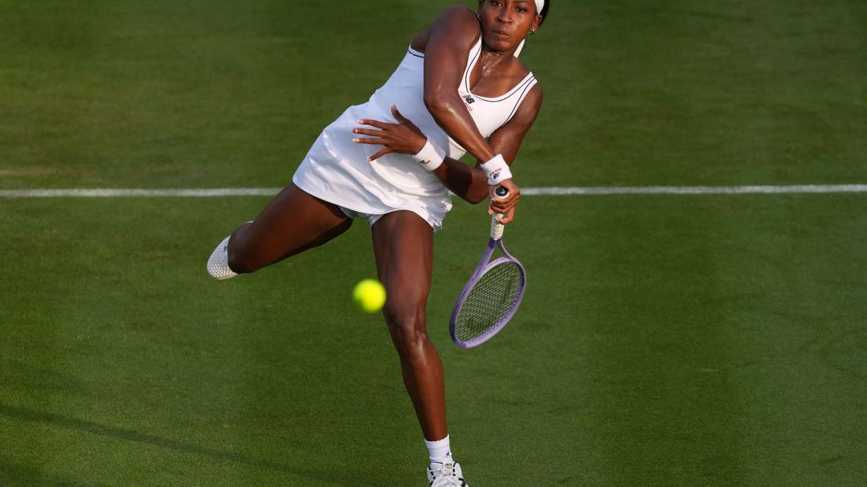 Coco Gauff of the United States plays a return to Tamara Korpatsch of Germany during the women's singles at the Wimbledon Tennis Championships in London, Monday, June 29, 2026.