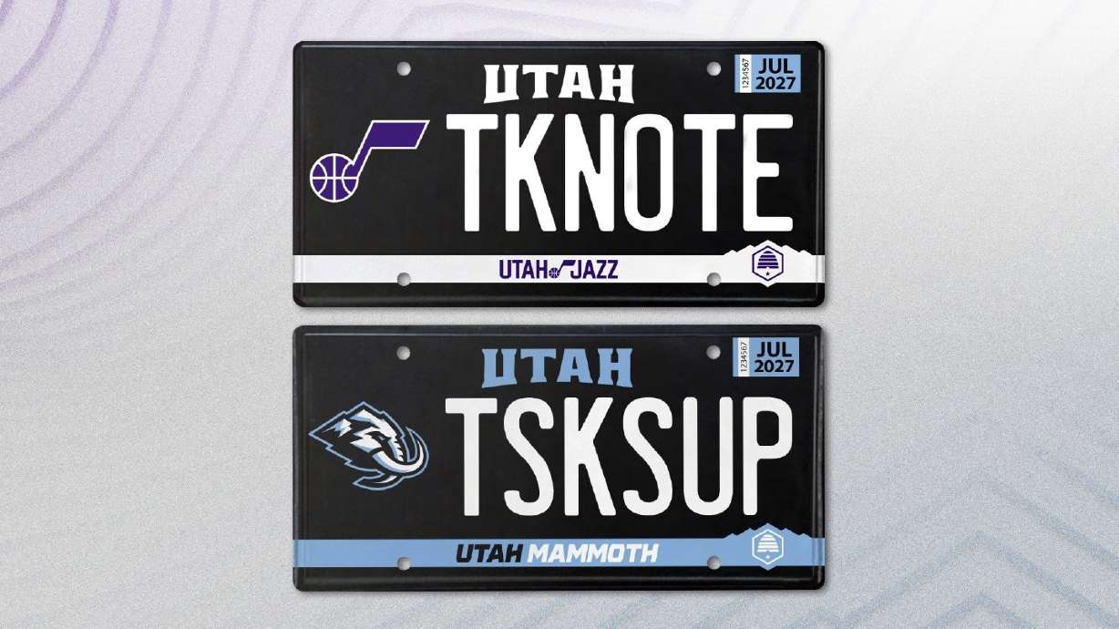 Smith Entertainment Group unveiled its new Utah Jazz specialty license plate and a proposed Utah Mammoth specialty license plate on Tuesday. The Jazz plate will be available on Wednesday, while the Mammoth plate's availability is pending.