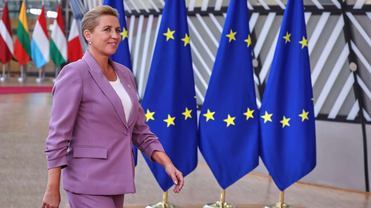 Denmark's Prime Minister Mette Frederiksen arrives for the EU summit in Brussels, Thursday, June 18, 2026.