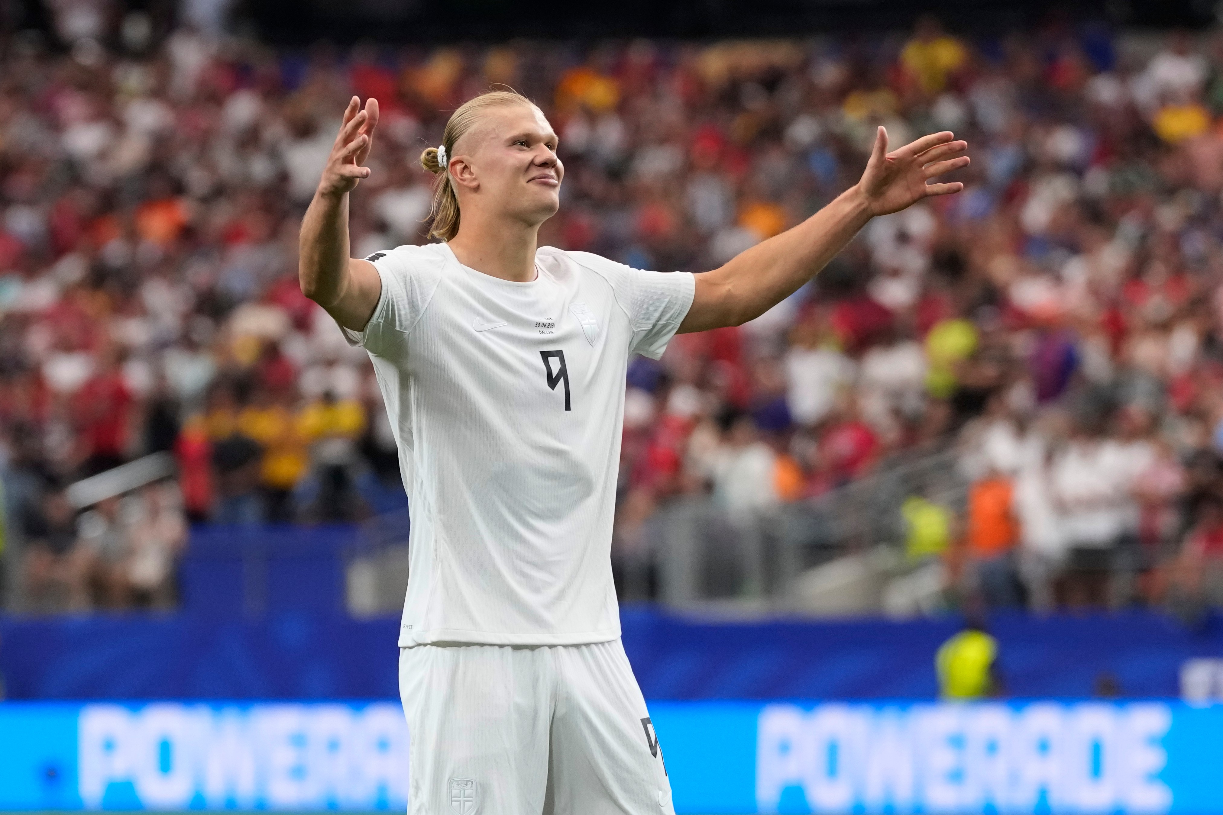 Norway's Erling Haaland (9) celebrates after scoring his side's second goal during the World Cup round of 32 soccer match between Ivory Coast and Norway in Arlington, Texas, near Dallas, Tuesday, June 30, 2026.