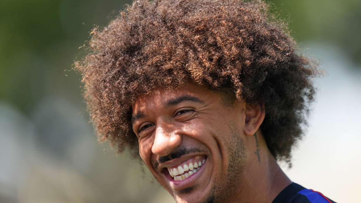 United States' Chris Richards smiles during a training session ahead of a FIFA World Cup match against Turkey in Irvine, Calif., Wednesday, June 24, 2026.