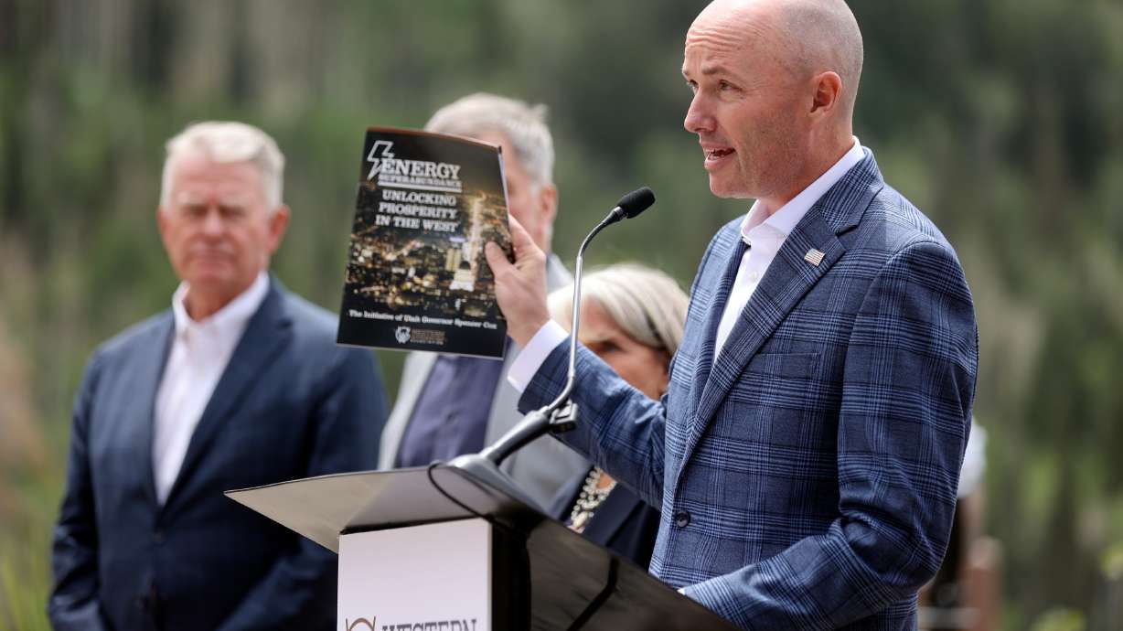 Gov. Spencer Cox speaks at a press conference with other Western governors at the Western Governors' Association conference at Stein Eriksen Lodge in Park City on Tuesday.