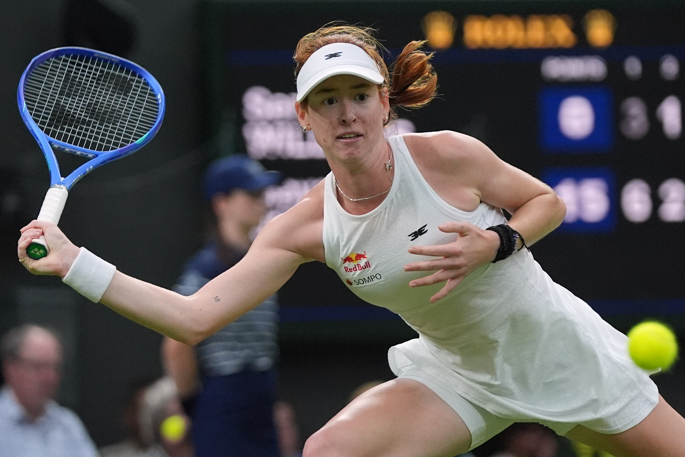 Maya Joint of Australia returns the ball to Serena Williams of the United States in their first round women's singles match at the Wimbledon Tennis Championships in London, Tuesday, June 30, 2026. 
