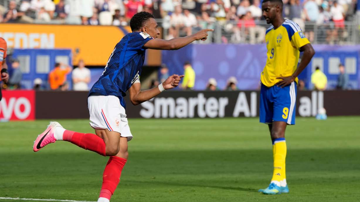 France's Kylian Mbappe celebrates after scoring his side's opening goal during the World Cup round of 32 soccer match between France and Sweden in East Rutherford, N.J., near New York, Tuesday, June 30, 2026.