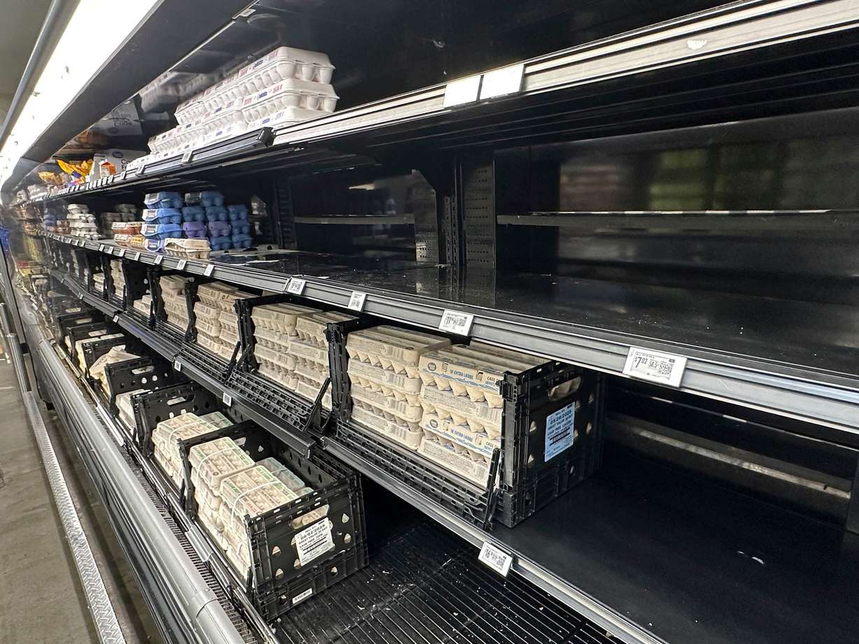 Empty spaces dot the egg display in a Walmart store Tuesday, May 13, 2025, in Englewood, Colo.