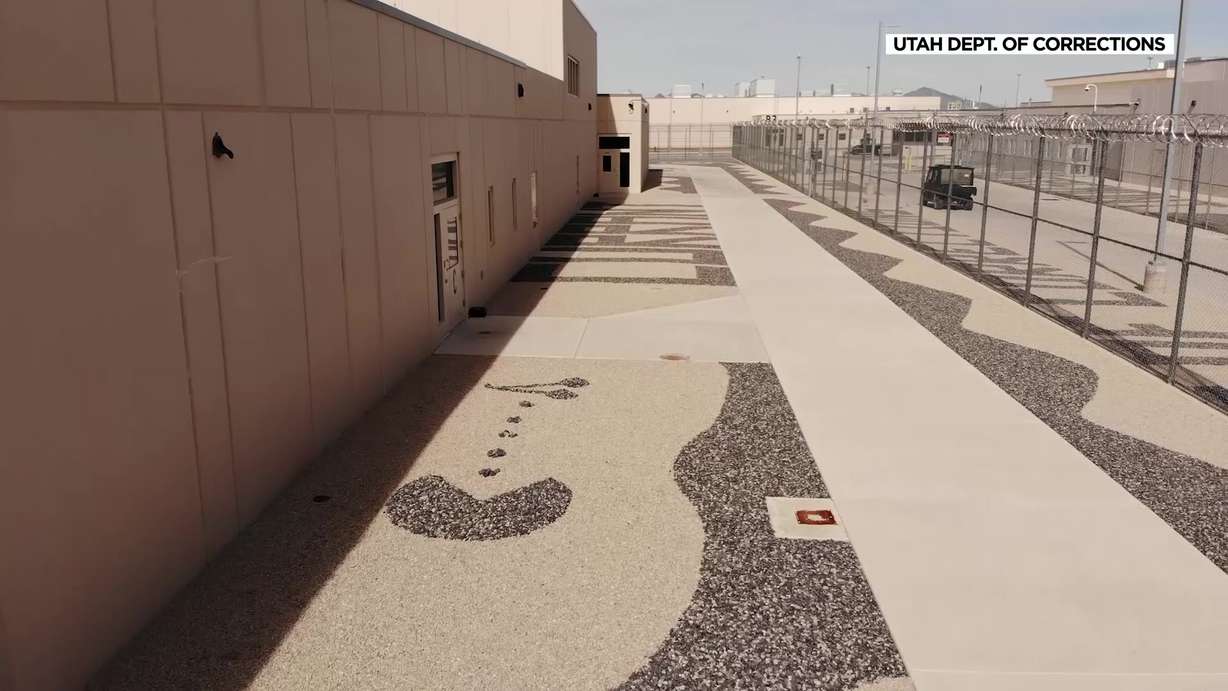 A Pac-Man design made of rocks is seen at the Utah State Prison as part of an effort to cut back on the facility's water use.
