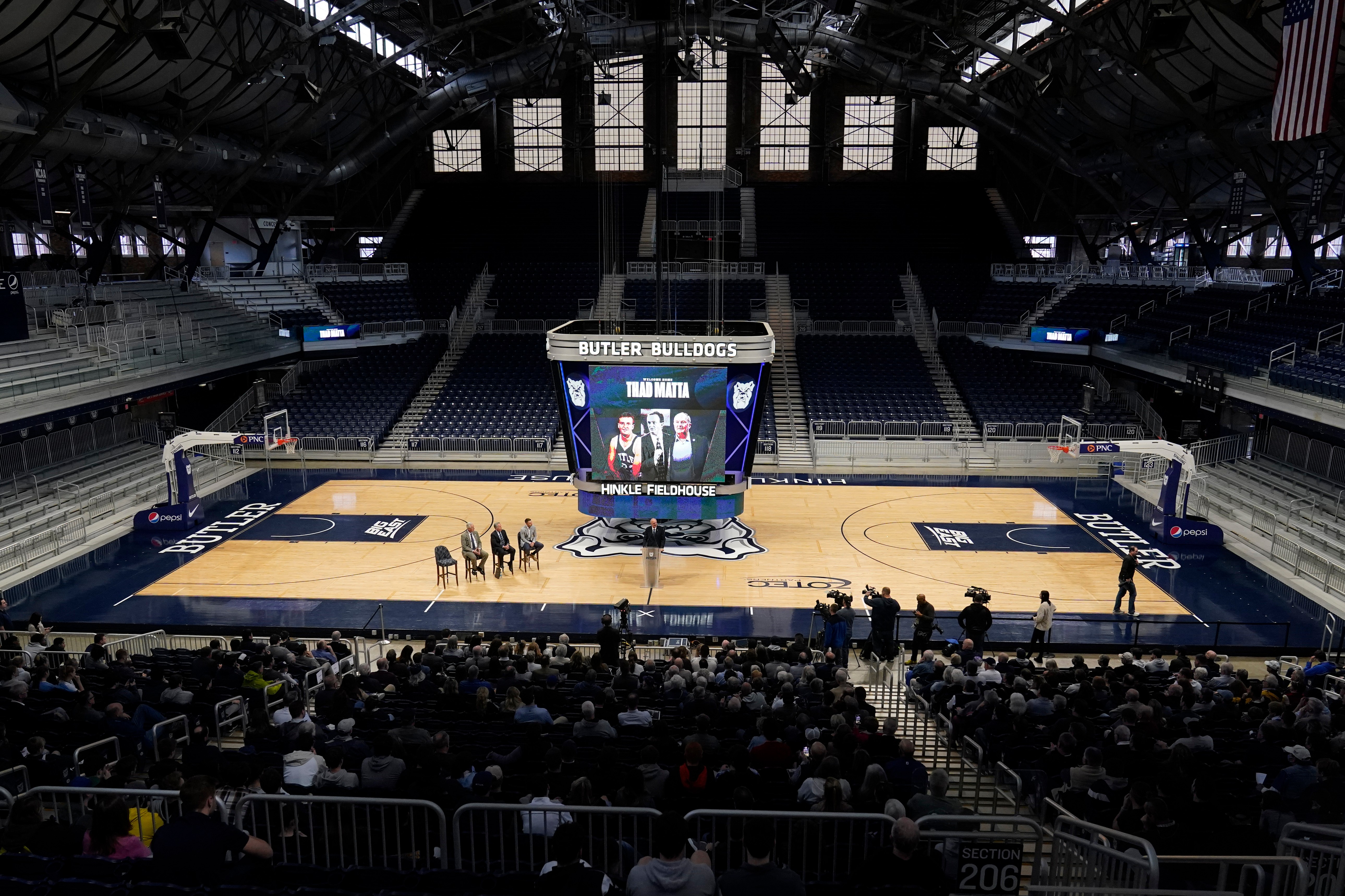 FILE - Butler's head coach Thad Matta speaks after he was introduced during an NCAA college basketball news conference at Hinkle Fieldhouse, April 6, 2022, in Indianapolis. 