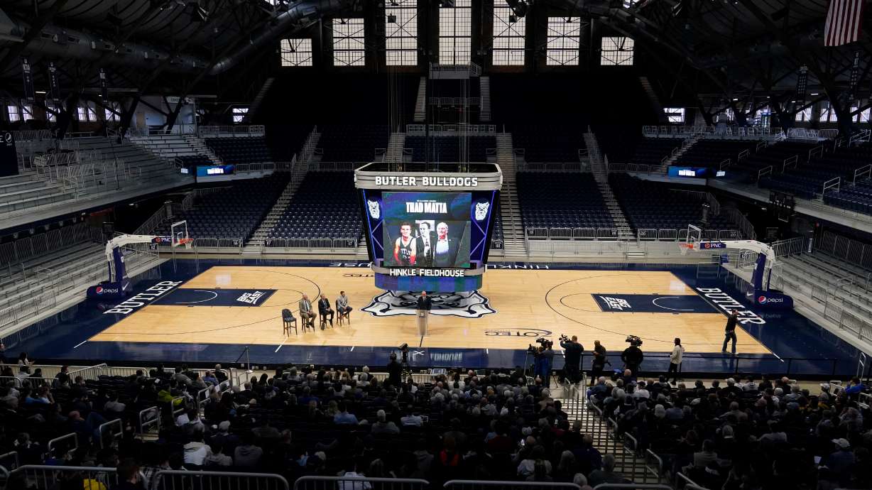 FILE - Butler's head coach Thad Matta speaks after he was introduced during an NCAA college basketball news conference at Hinkle Fieldhouse, April 6, 2022, in Indianapolis.