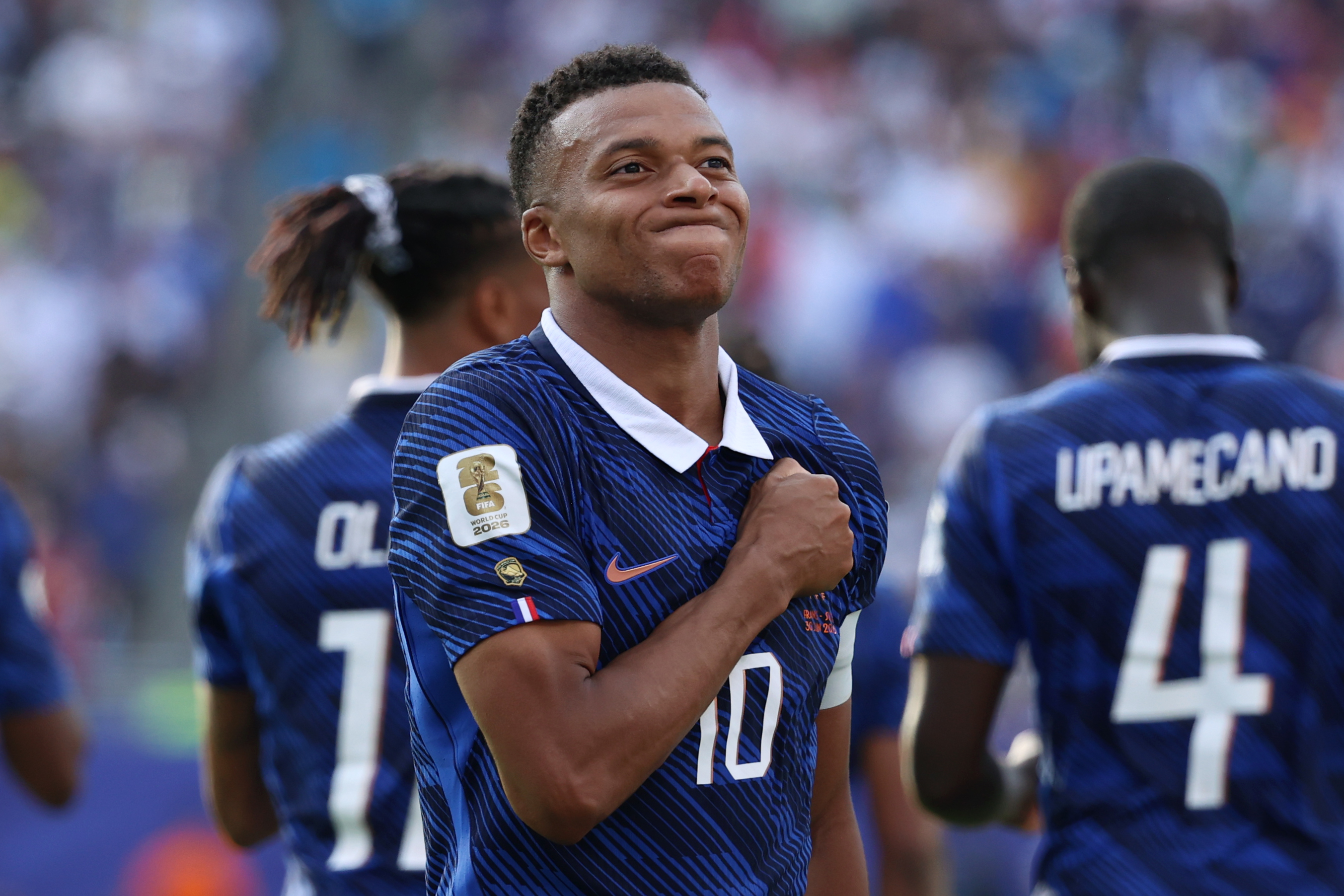France's Kylian Mbappe (10) celebrates scoring their third goal during the World Cup round of 32 soccer match between France and Sweden in East Rutherford, N.J., near New York, Tuesday, June 30, 2026. 