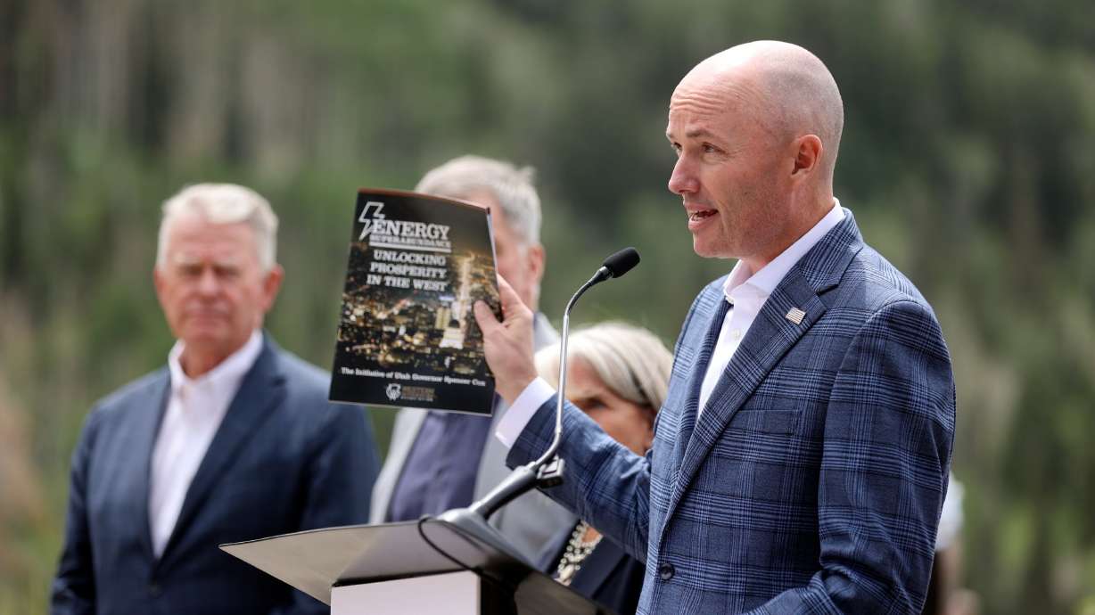 Gov. Spencer Cox speaks at a press conference with other Western governors at the Western Governors Association conference at Stein Erickson Lodge in Park City on Tuesday. Cox called for a "new generation of electricity" at the meeting.