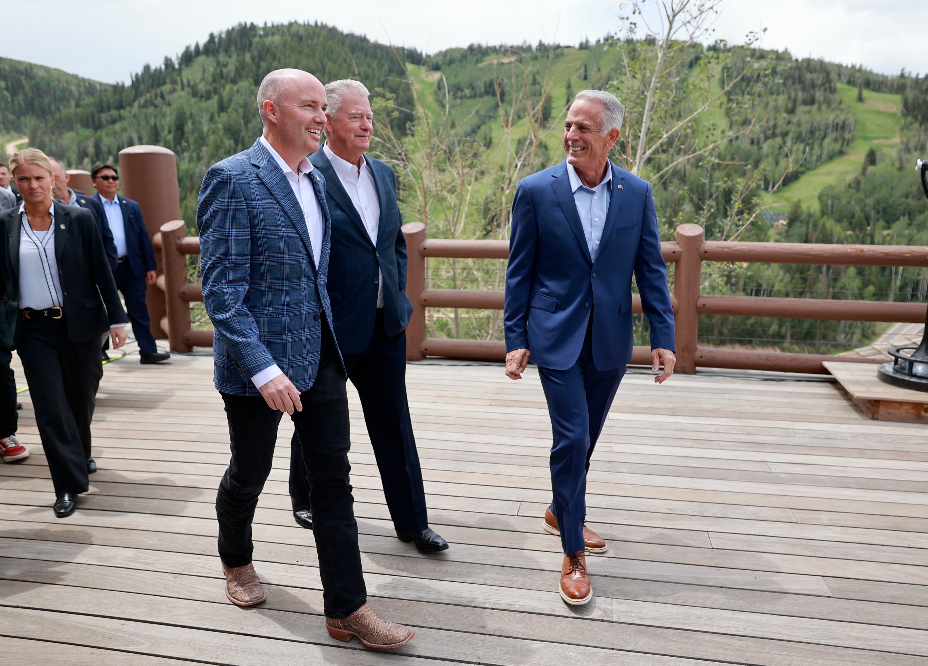 Gov. Spencer Cox, Idaho Gov. Brad Little and Nevada Gov. Joe Lombardo walk together after a press conference at the Western Governors Association conference at Stein Erickson Lodge in Park City on Tuesday. Cox called for a new generation of electricity in America.