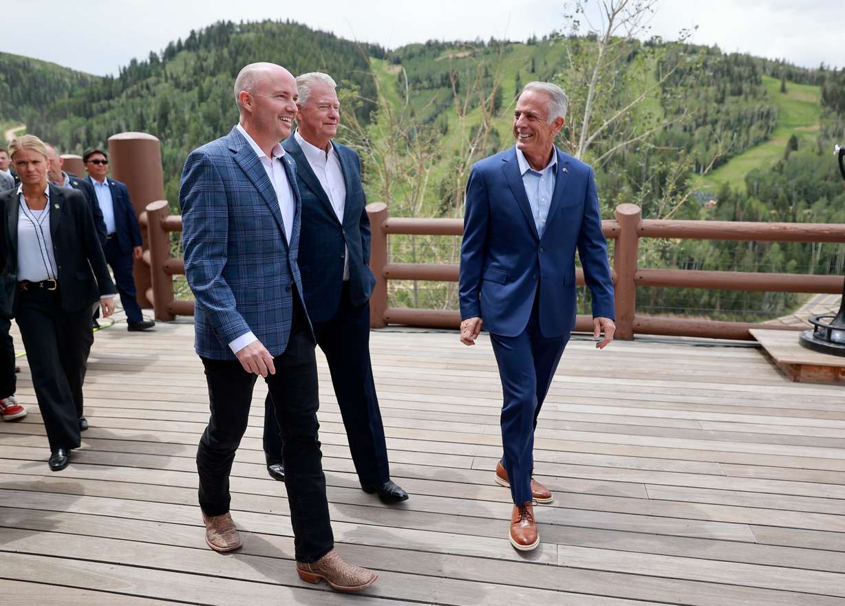 Gov. Spencer Cox, Idaho Gov. Brad Little and Nevada Gov. Joe Lombardo walk together after a press conference at the Western Governors Association conference at Stein Erickson Lodge in Park City on Tuesday. Cox called for a new generation of electricity in America.