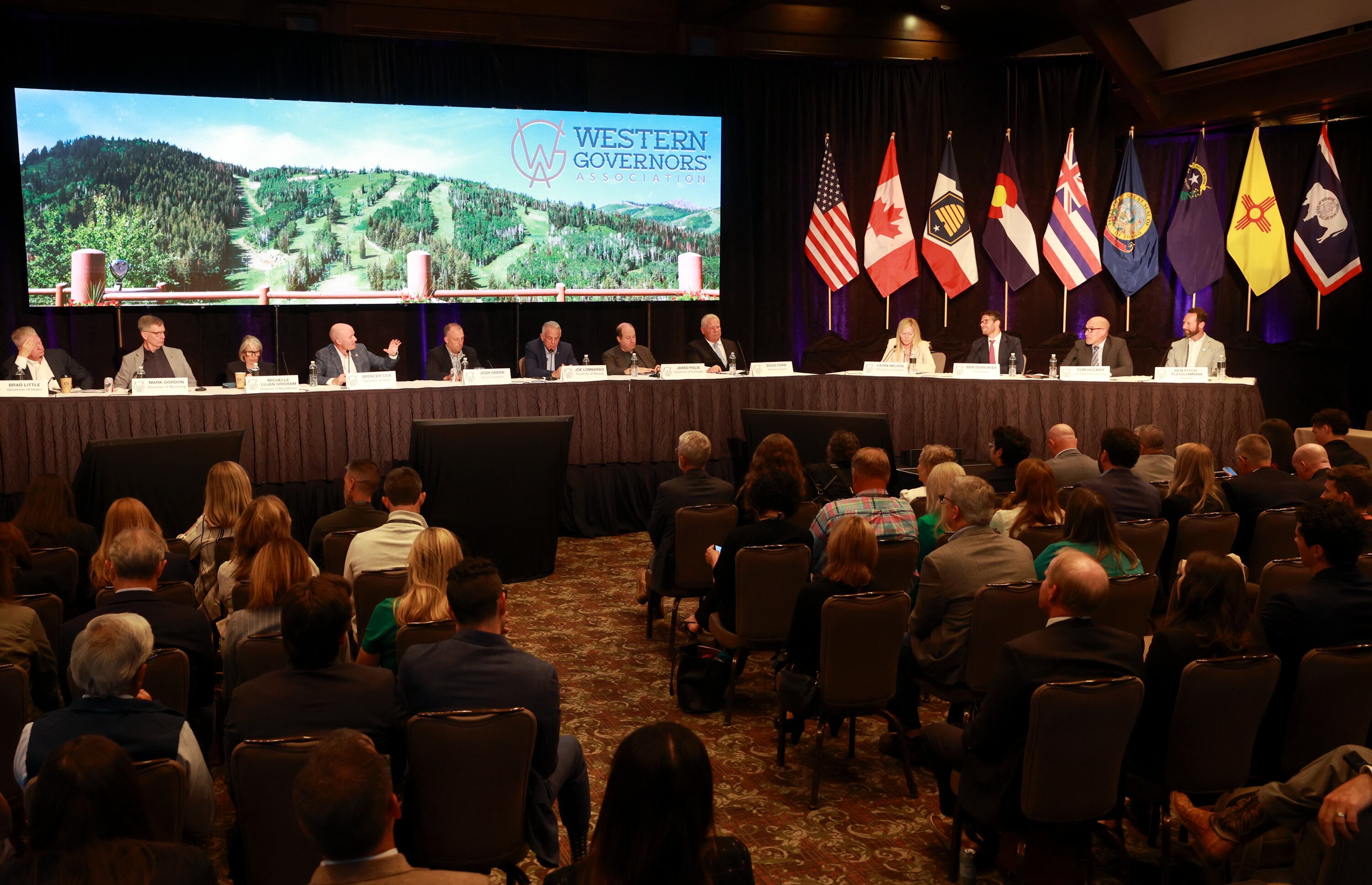 Gov. Spencer Cox moderates a discussion on energy at the Western Governors Association conference at Stein Erickson Lodge in Park City on Tuesday. Cox has made Utah's energy output a key priority.