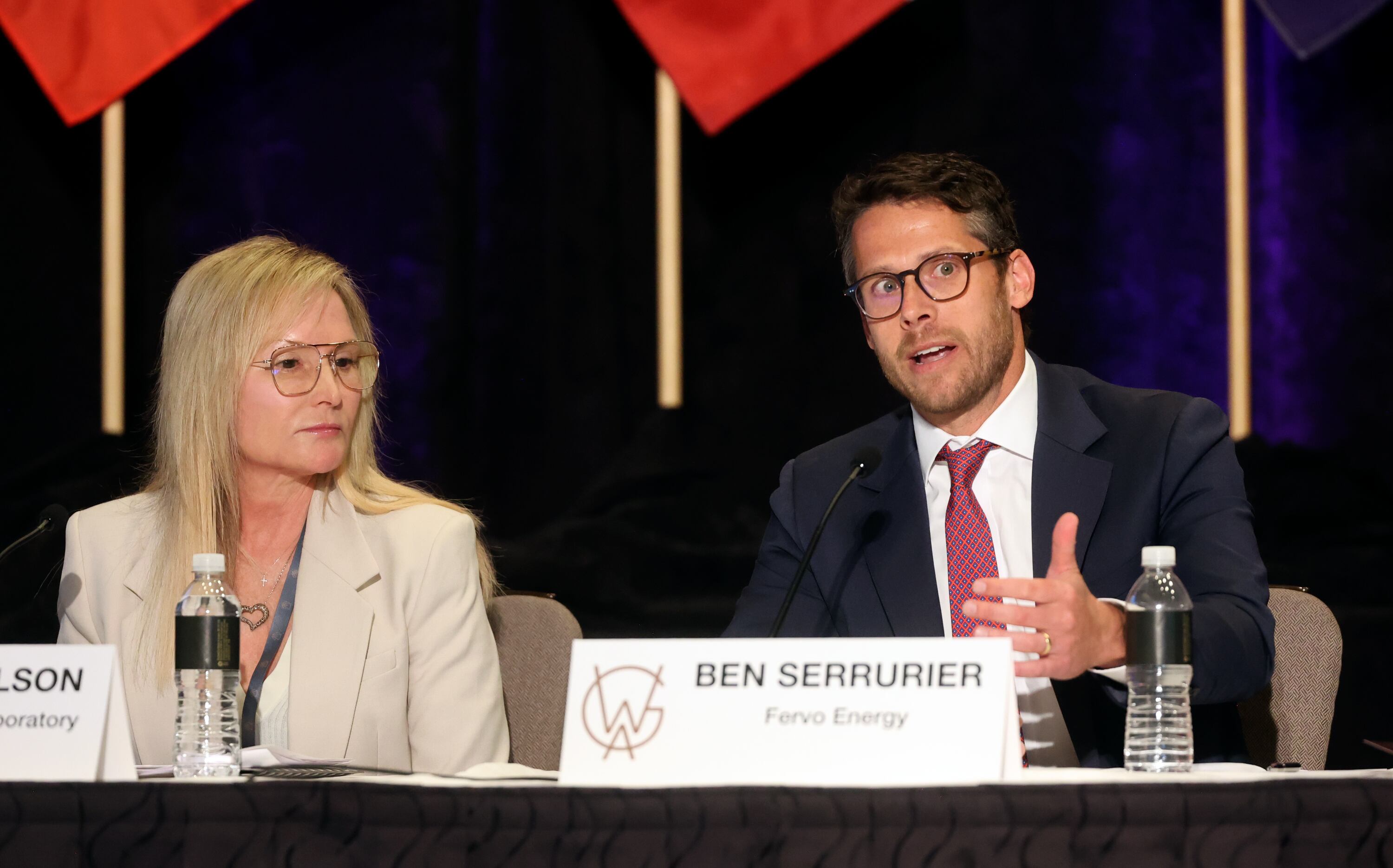 Ben Serrurier, Fervo Energy government affairs and policy director, speaks during a discussion on energy at the Western Governors Association conference at Stein Erickson Lodge in Park City on Tuesday, June 30, 2026. Laura Nelson, Idaho National Laboratory Utah regional engagement lead, is on the left.