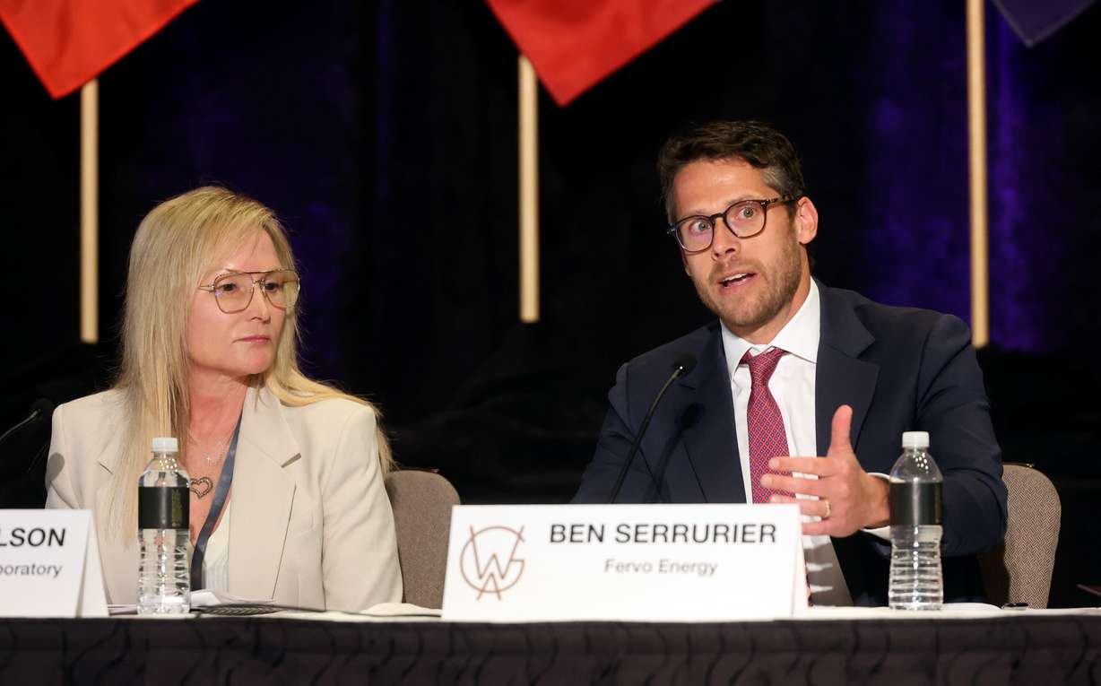 Ben Serrurier, Fervo Energy government affairs and policy director, speaks during a discussion on energy at the Western Governors Association conference at Stein Erickson Lodge in Park City on Tuesday, June 30, 2026. Laura Nelson, Idaho National Laboratory Utah regional engagement lead, is on the left.