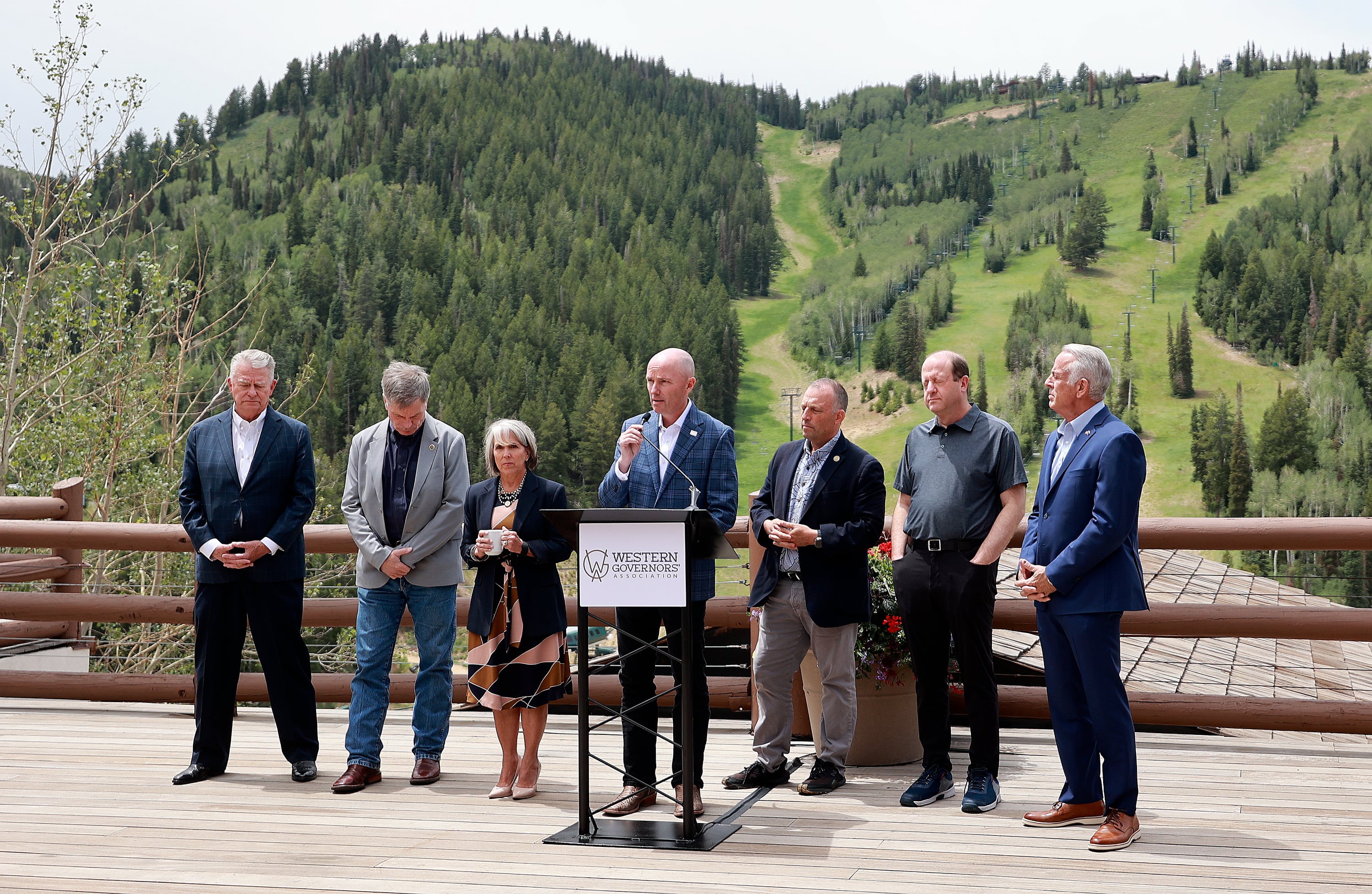 Gov. Spencer Cox speaks at a press conference with other Western governors at the Western Governors Association conference at Stein Erickson Lodge in Park City on Tuesday, June 30, 2026.