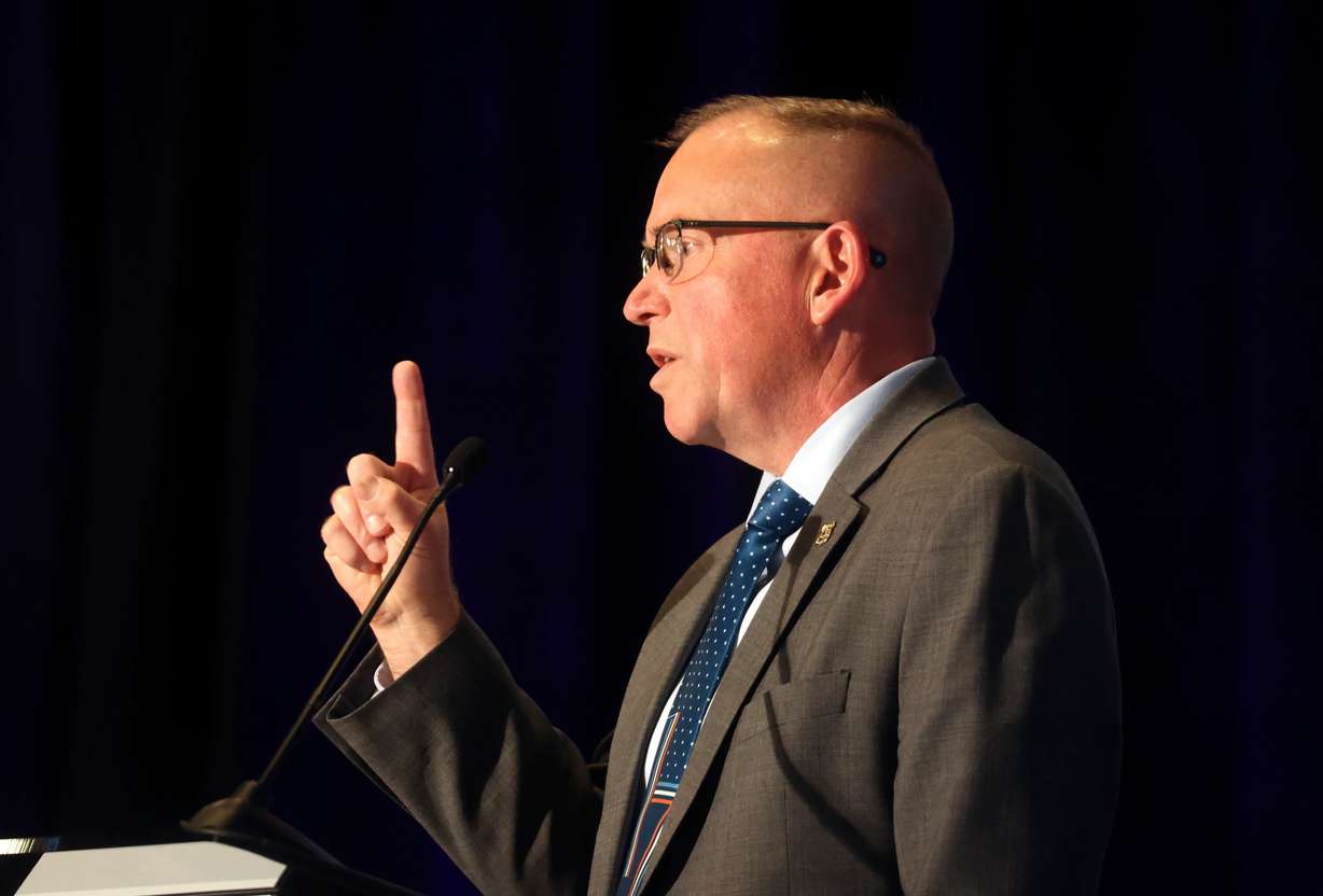 U.S. Forest Service Chief Tom Schultz talks about about federal-state partnerships on forestry at the Western Governors Association conference at Stein Erickson Lodge in Park City on Tuesday. Schultz also memorialized the three firefighters killed in the Snyder Fire.