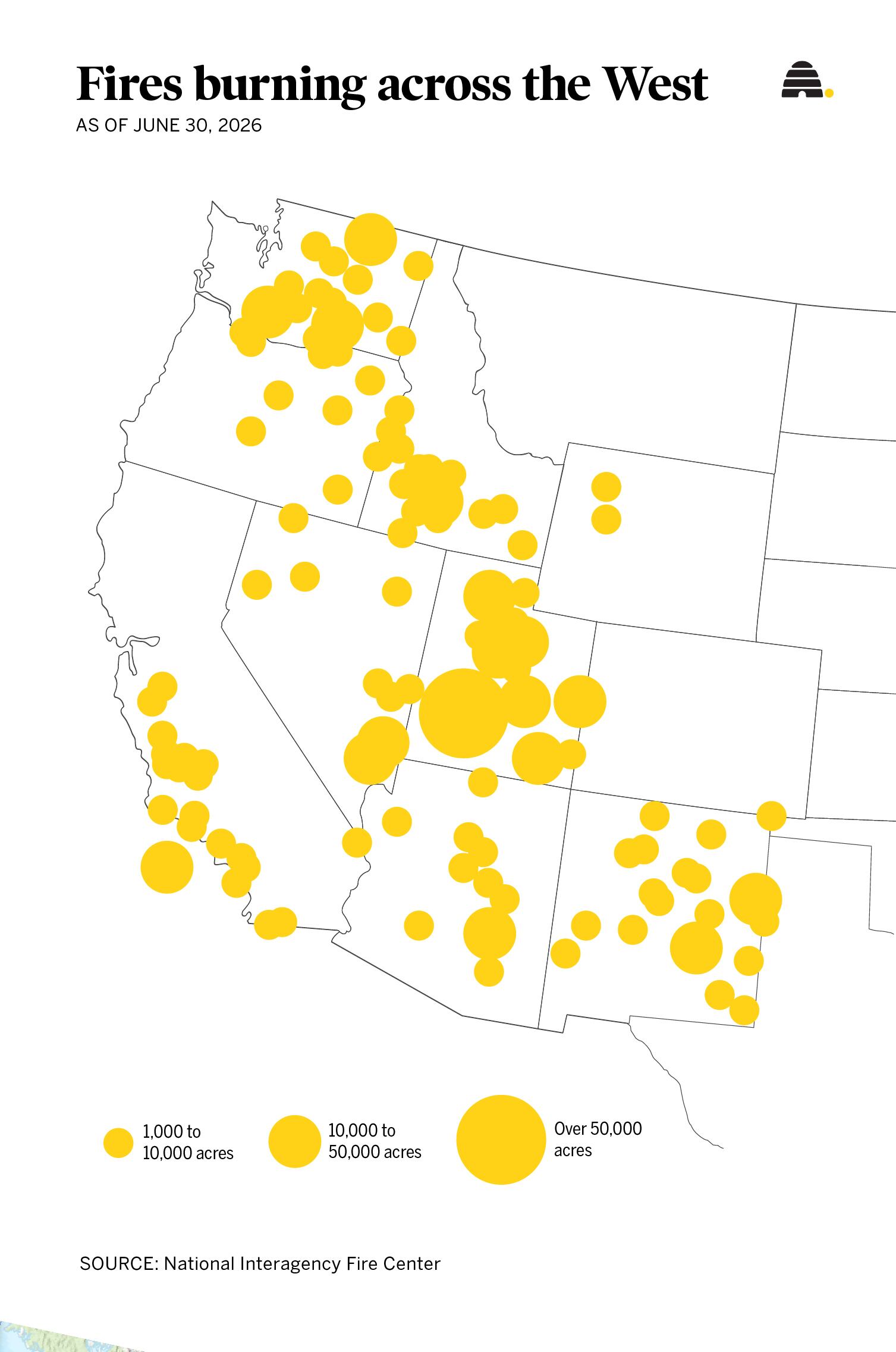 A map of fires burning across the Western United States as of Tuesday.