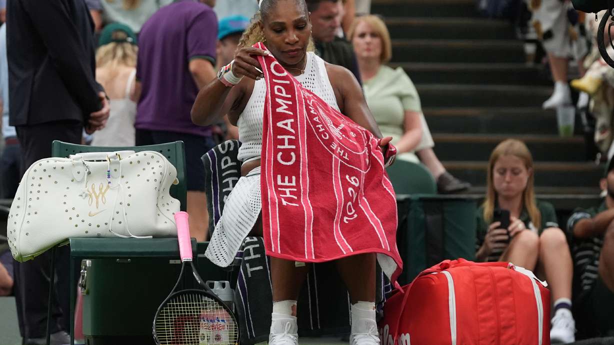 Serena Williams of the United States sits during a changeover in her first round women's singles match against Maya Joint of Australia, at the Wimbledon Tennis Championships in London, Tuesday, June 30, 2026.