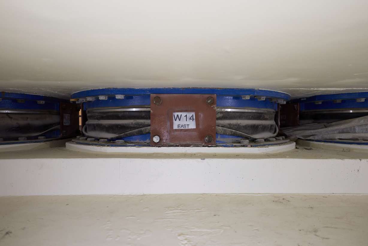 One of the 98 base isolators located 20 feet below the Salt Lake Temple of the Church of Jesus Christ of Latter-day Saints on June 25.