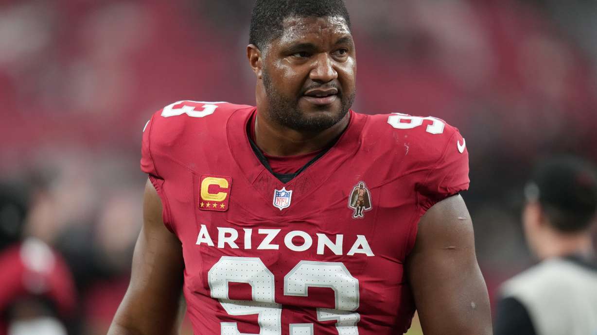 FILE - Arizona Cardinals defensive tackle Calais Campbell (93) during an NFL football game against the Jacksonville Jaguars on Nov. 23, 2025, in Glendale.