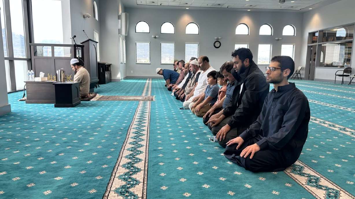 A group of people praying at the Islamic Center of Utah in West Jordan on June 23, 2025.