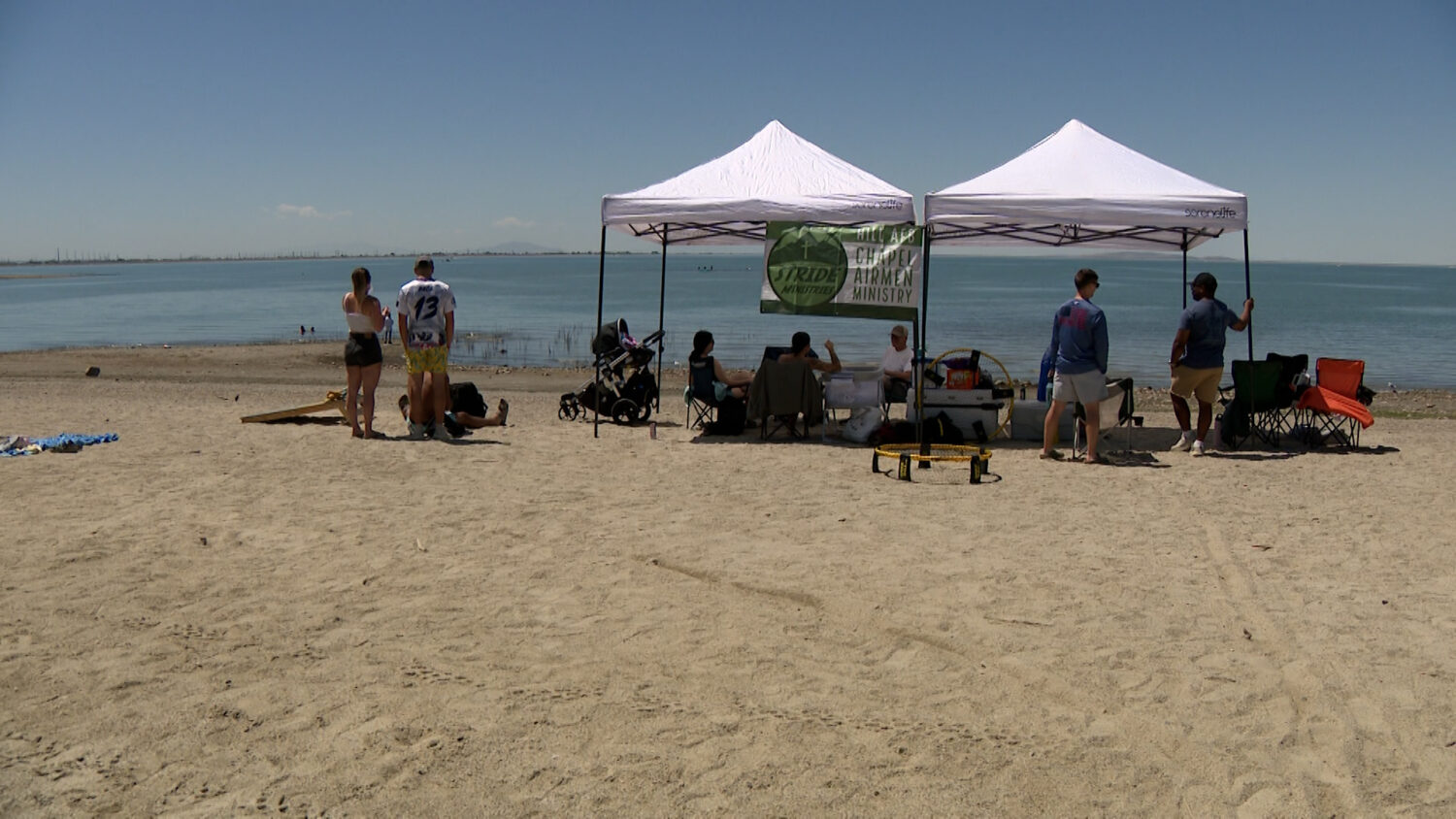 Lower water levels reveal a larger beach at Willard Bay.
