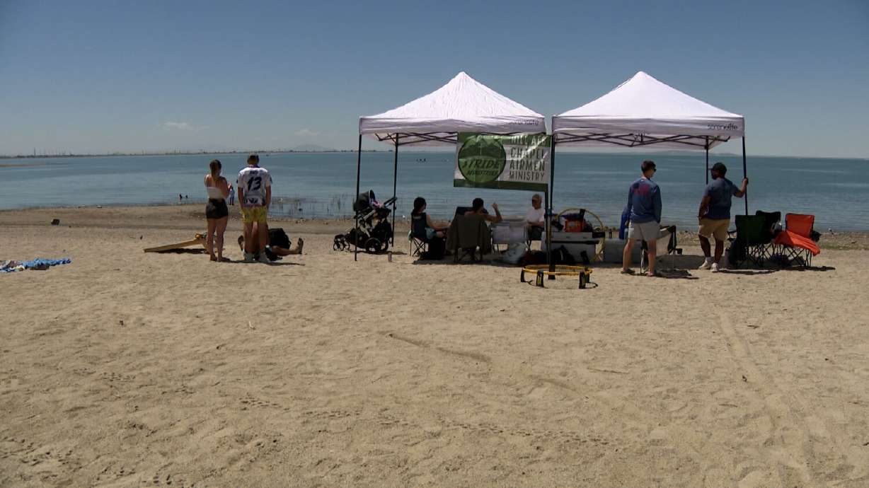 Lower water levels reveal a larger beach at Willard Bay.