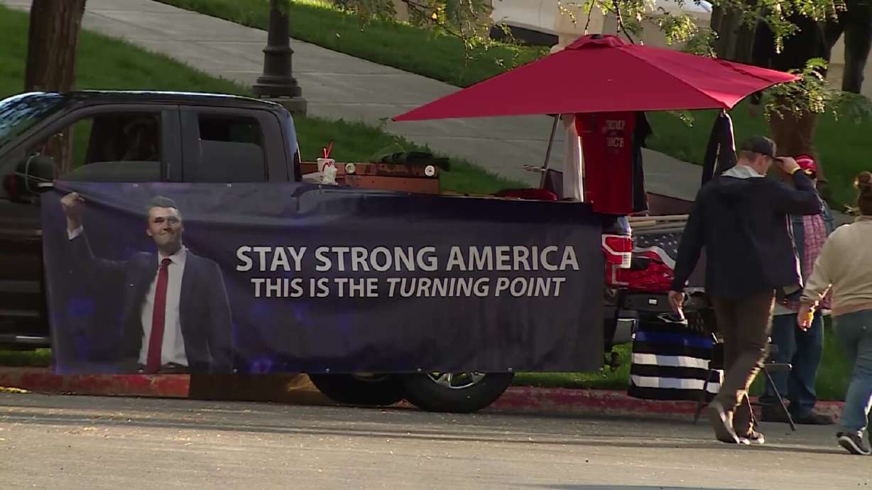 A banner outside of a Turning Point USA event held at Utah State University on Sept. 30, 2025.