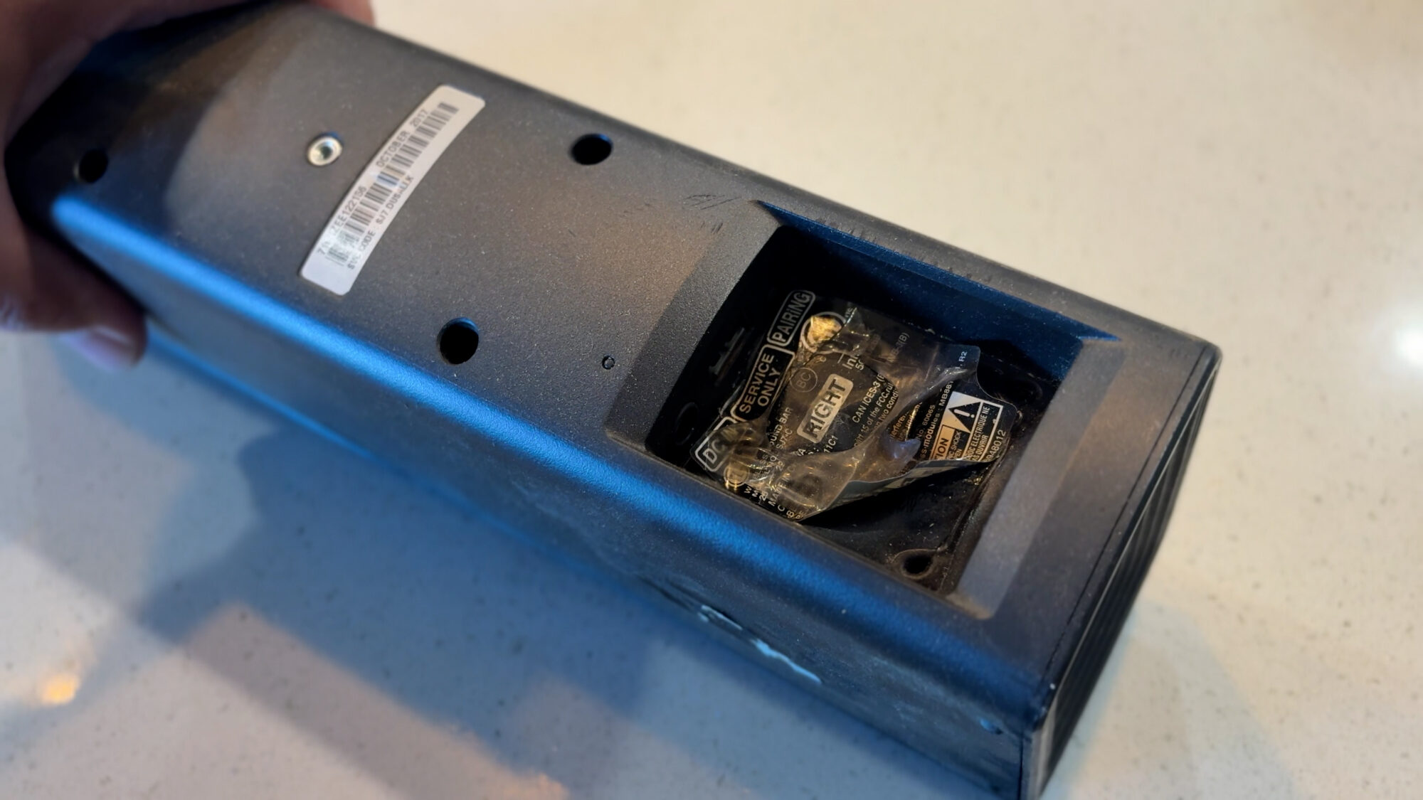 An example of a lithium battery inside of a portable speaker that burst into flames.